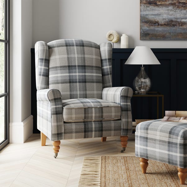 Oswald Grande Check Wingback Armchair Grey Oswald Wingback