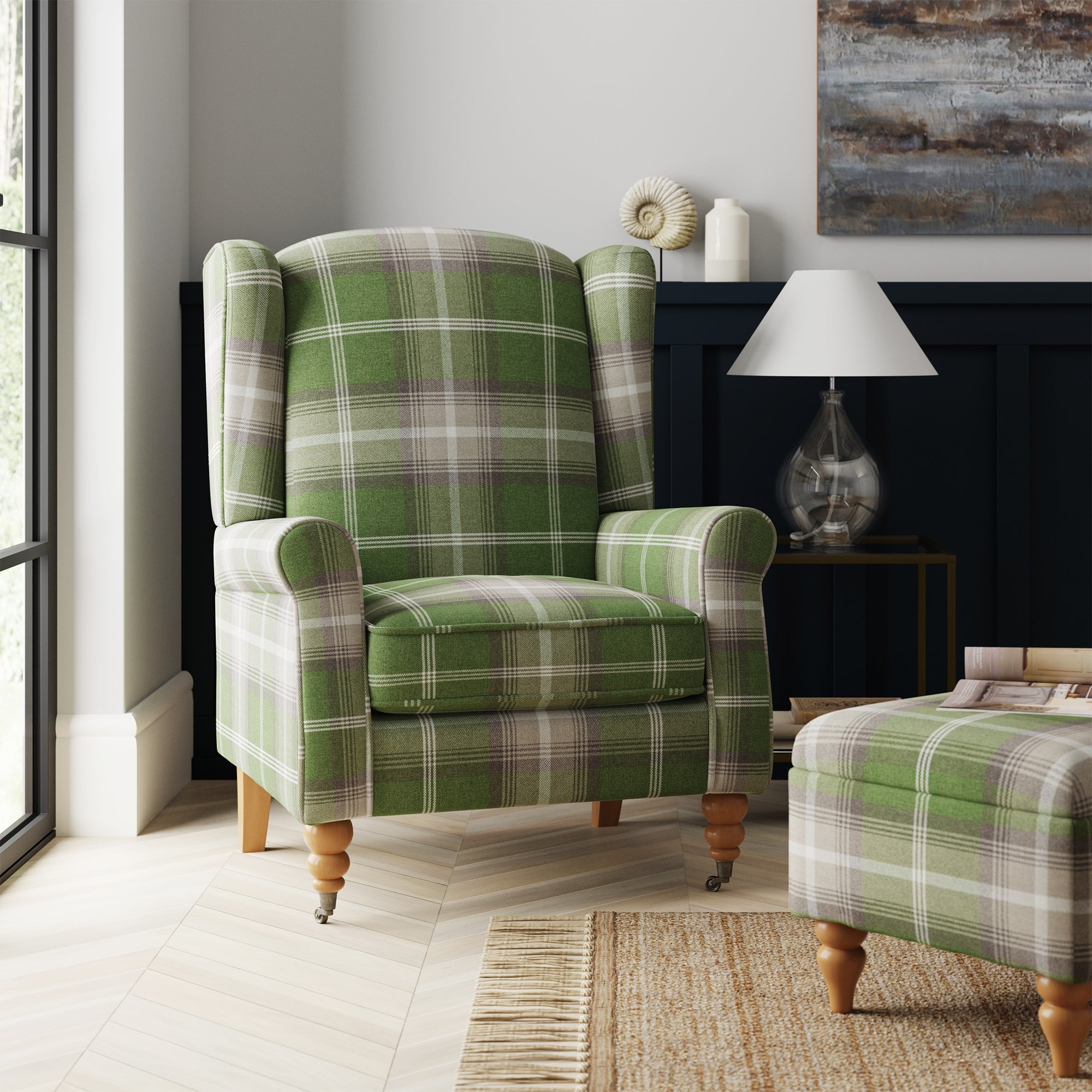 Oswald Grande Check Wingback Armchair