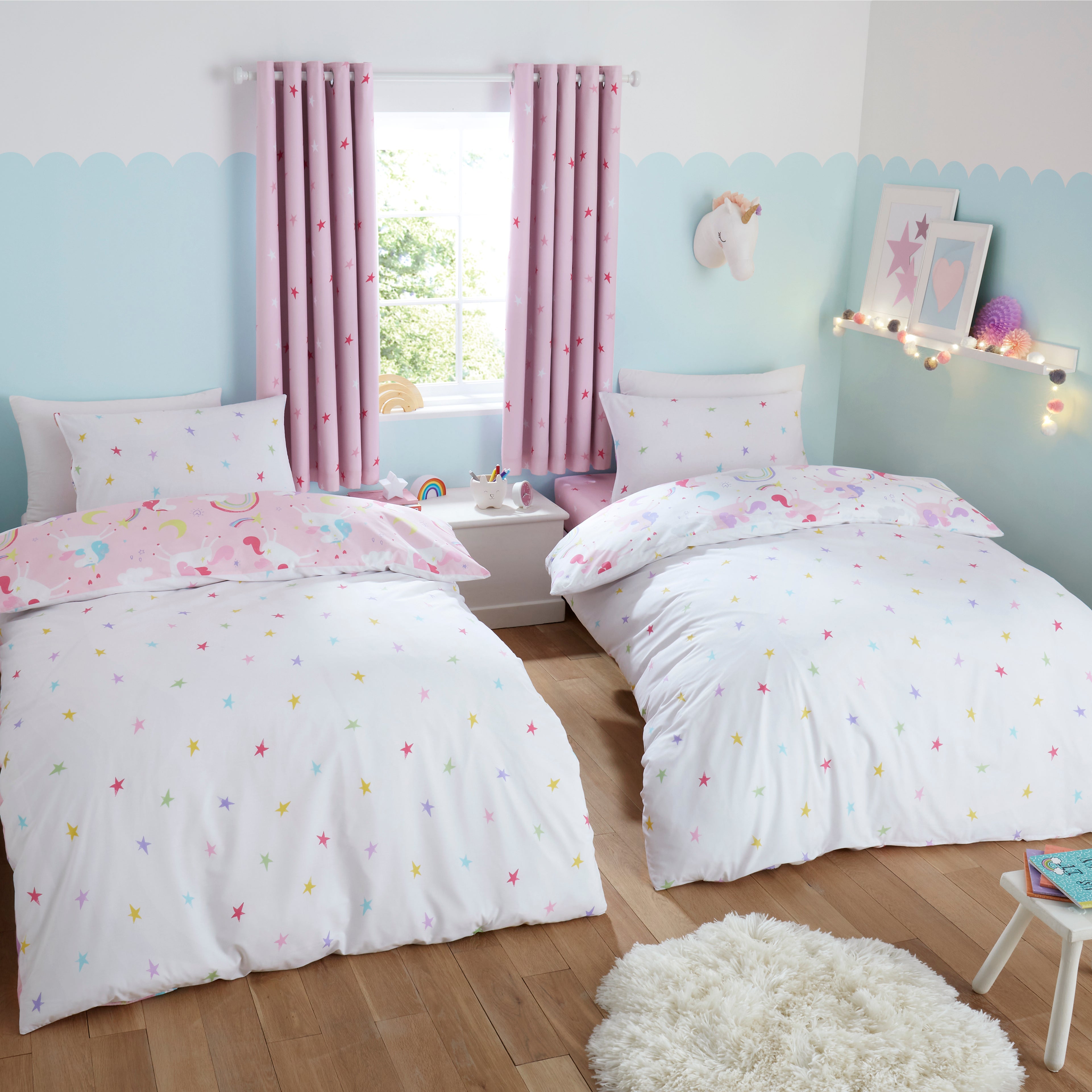 Unicorn Stars Duvet Cover And Pillowcase Twin Pack Set Pinkbluewhite