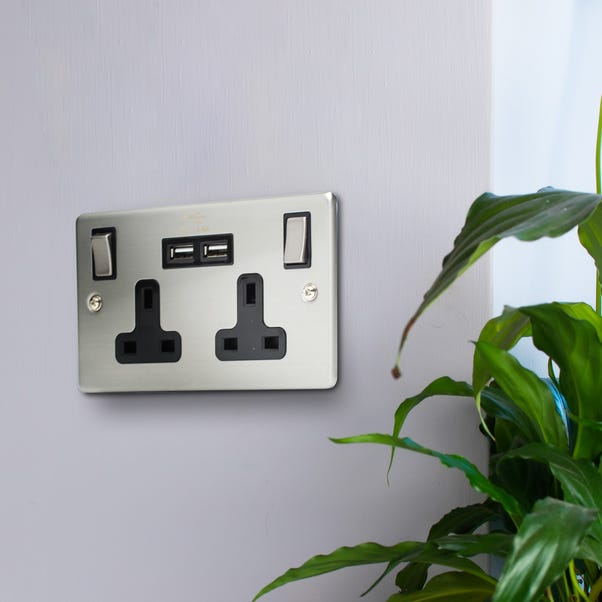 2 Gang 13 Amp 2 USB Stainless Steel Wall Socket image 1 of 3