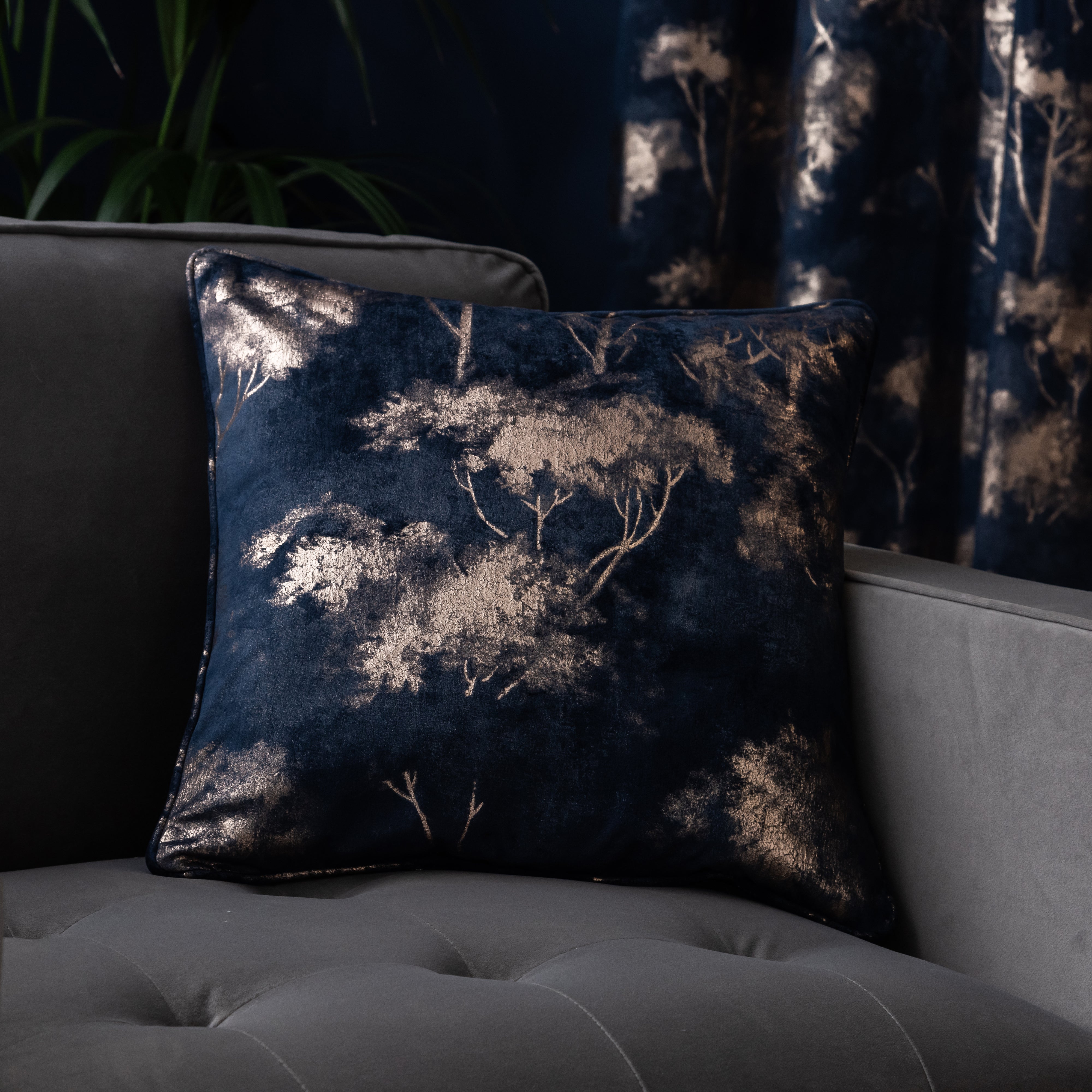 Velour Tree Printed Cushion Navy Bluegold