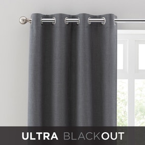 Touch of Linen Charcoal Thermal Ultra Blackout Eyelet Curtains