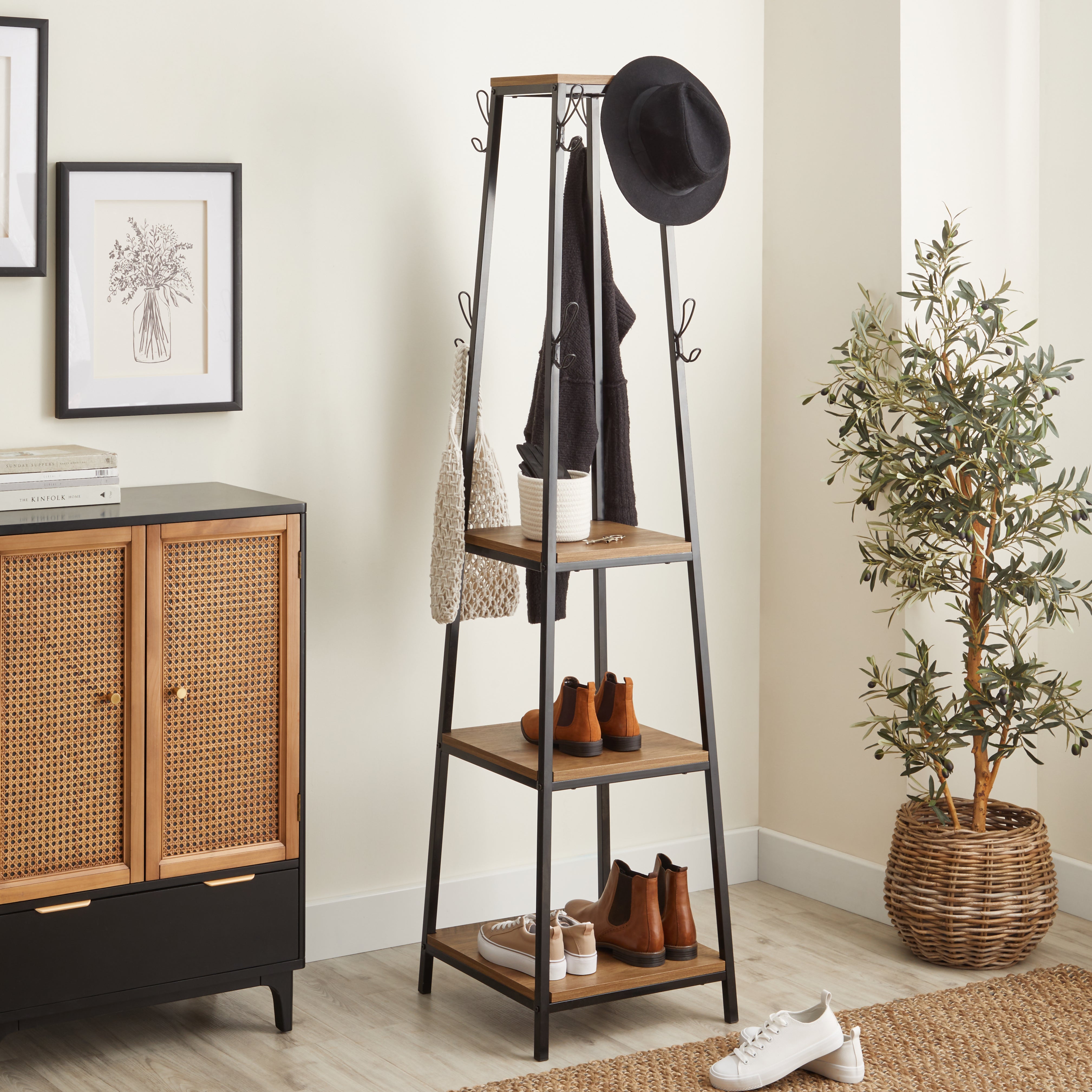 Fulton Coat Stand With Shelves Pine Brown