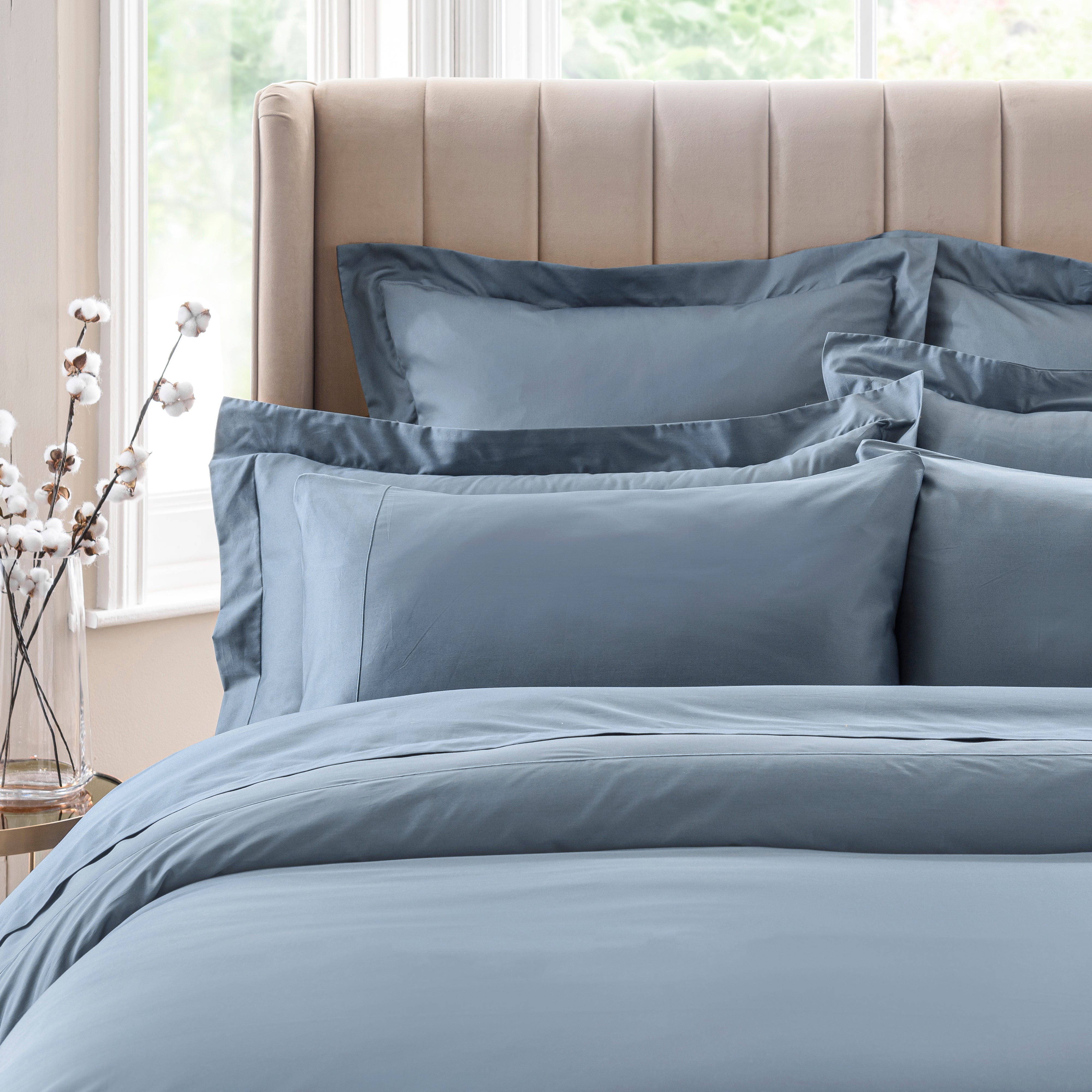 Dorma 300 Thread Count 100 Cotton Sateen Plain Cuffed Pillowcase Blue