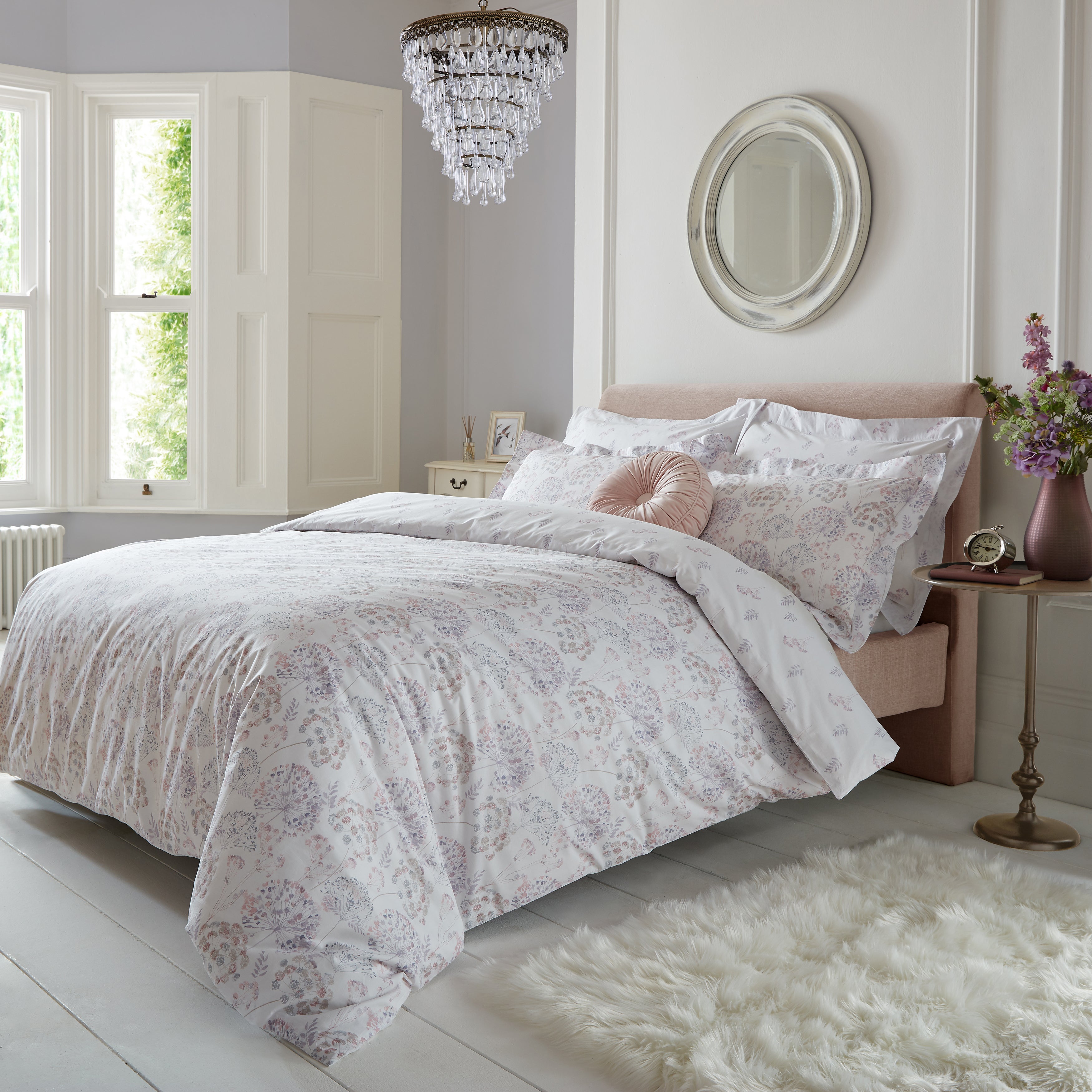 Azara Floral 100% Cotton Duvet Cover and Pillowcase Set Pink/Grey/White