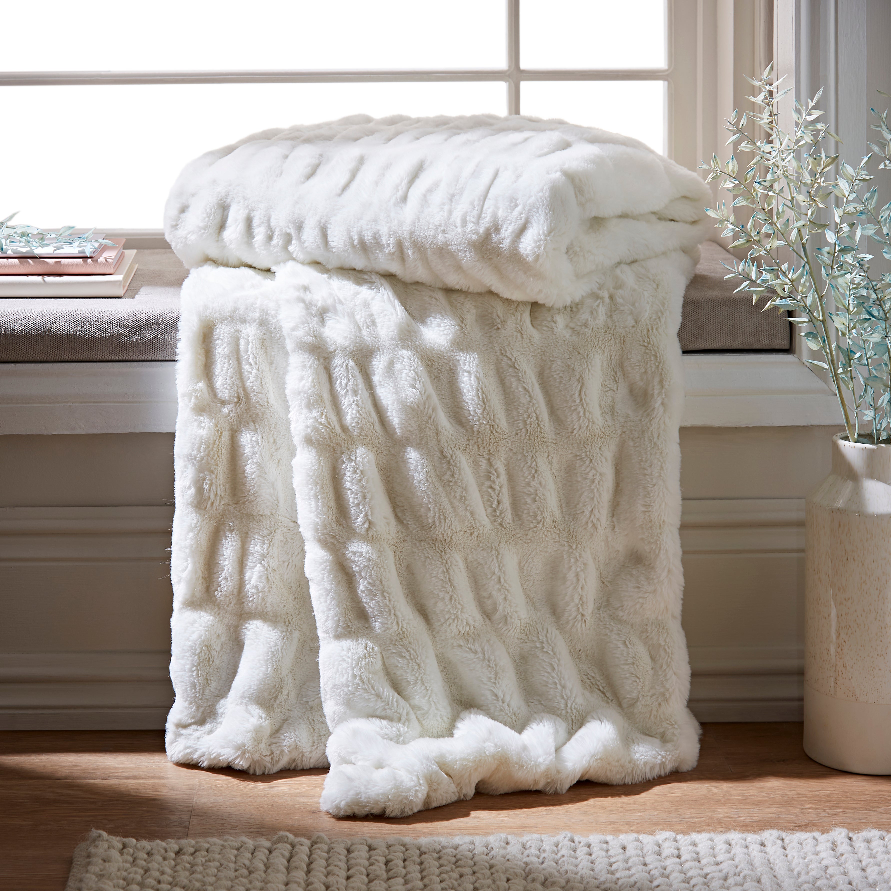 Ruched Faux Fur Throw White