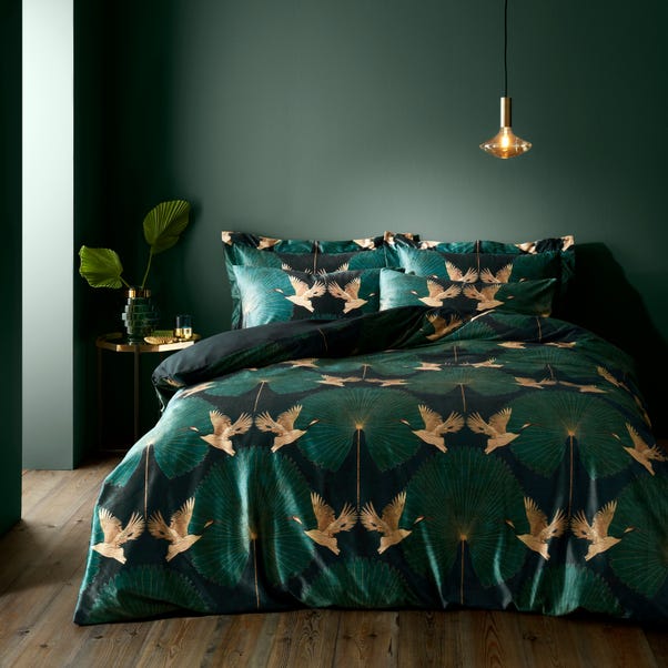 Luxe Cranes Emerald Duvet Cover and Pillowcase Set image 1 of 3