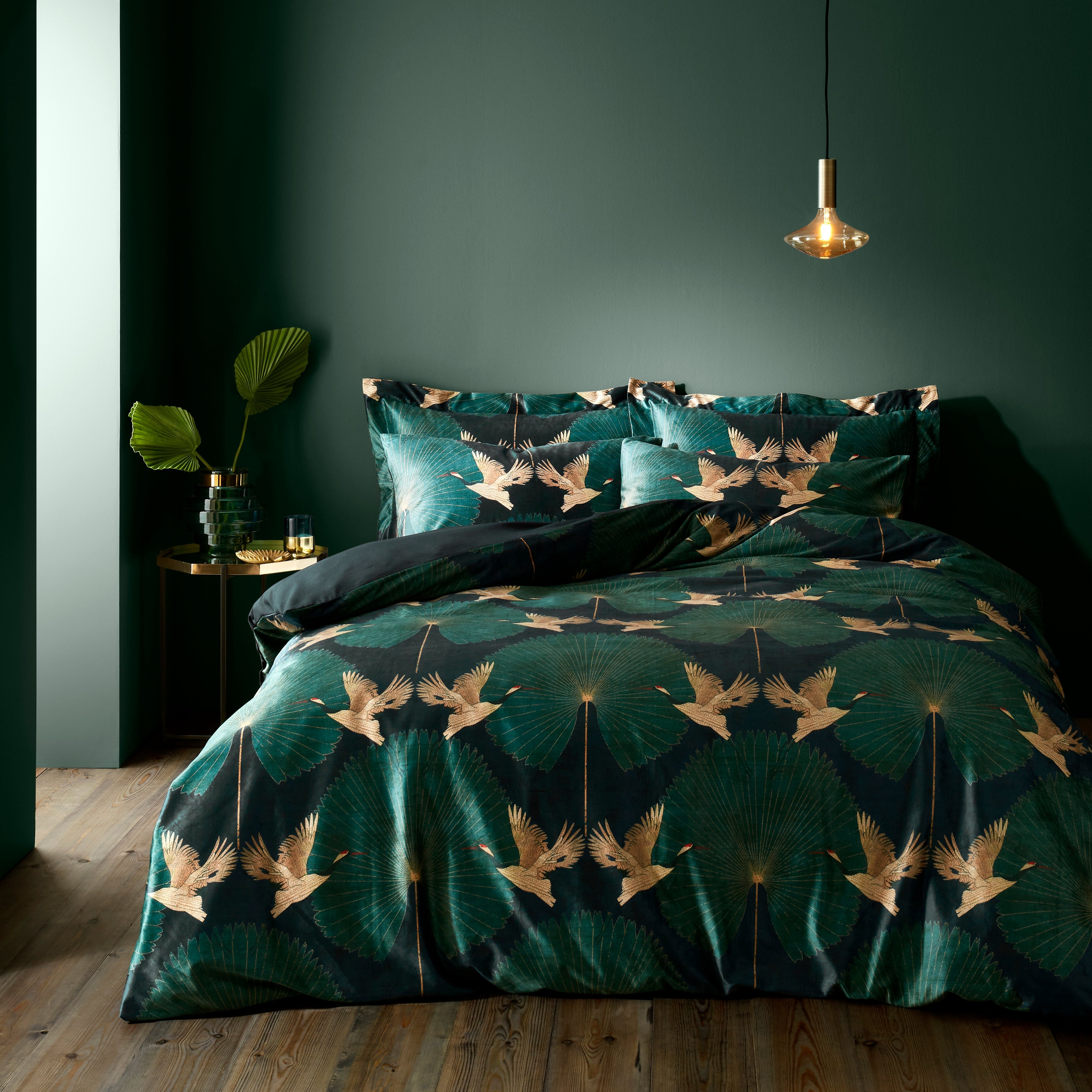Luxe Cranes Emerald Duvet Cover And Pillowcase Set Greengold