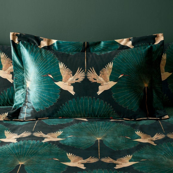 Luxe Cranes Emerald Oxford Pillowcase Dunelm