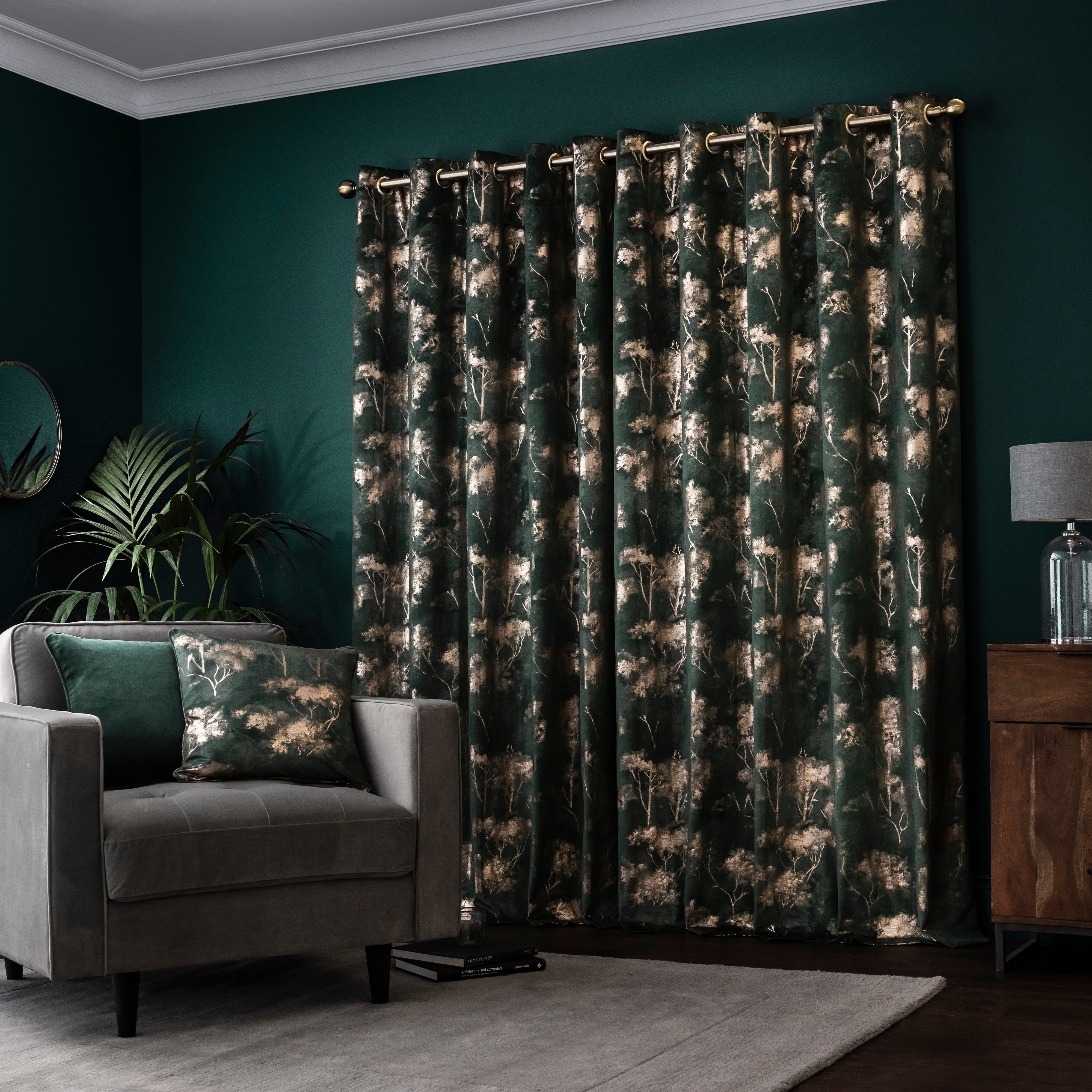 Velour Tree Print Emerald Eyelet Curtains | Dunelm