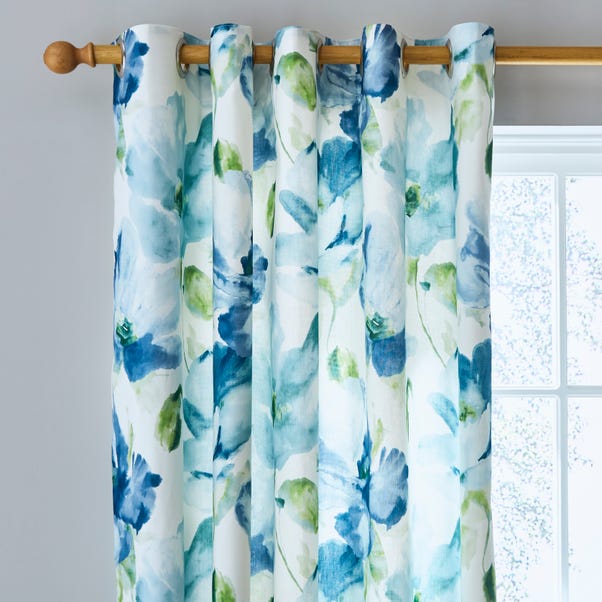 Watercolour Floral Blue Eyelet Curtains image 1 of 5
