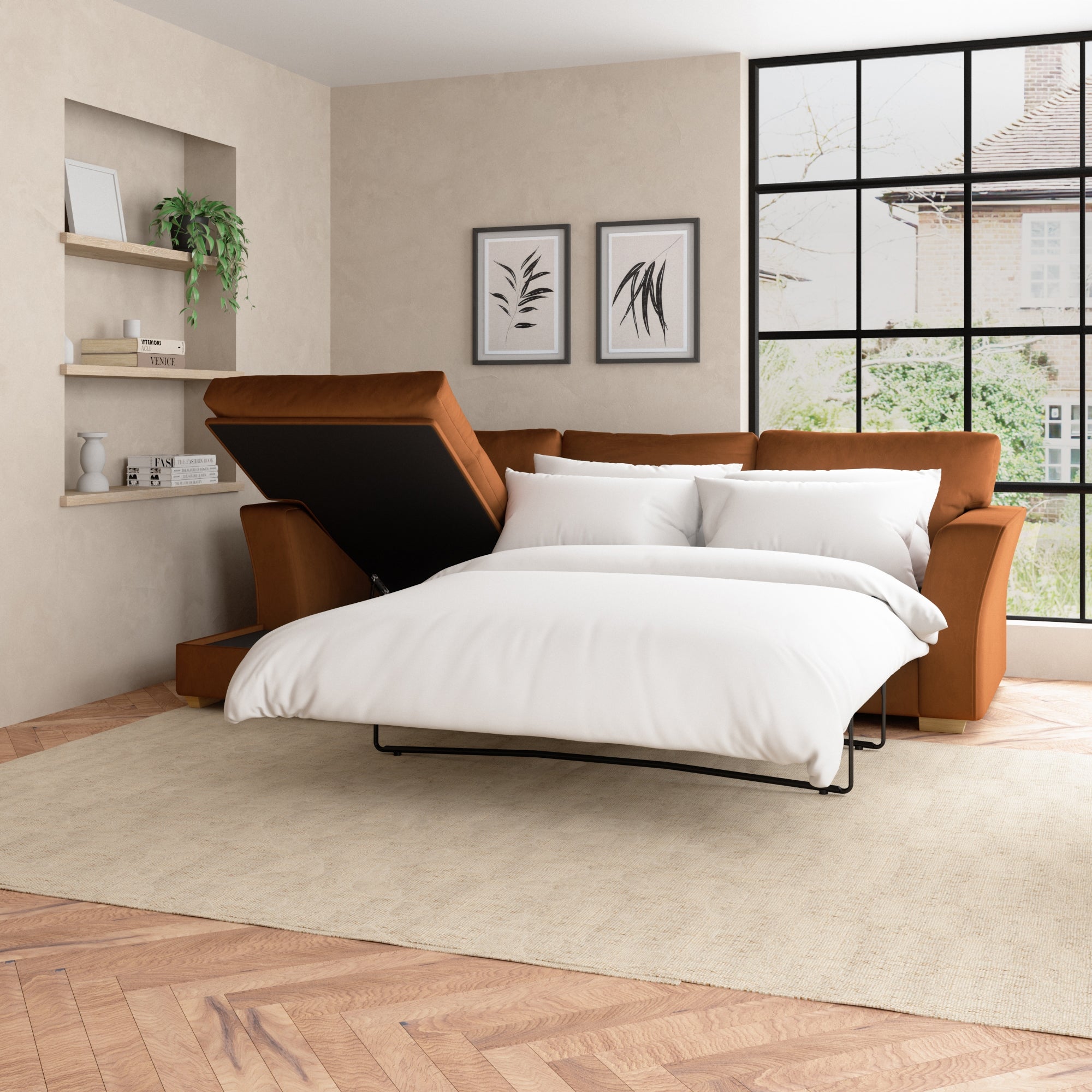 Blakeney Luxury Velvet Corner Sofa Bed Luxury Velvet Orange Umber