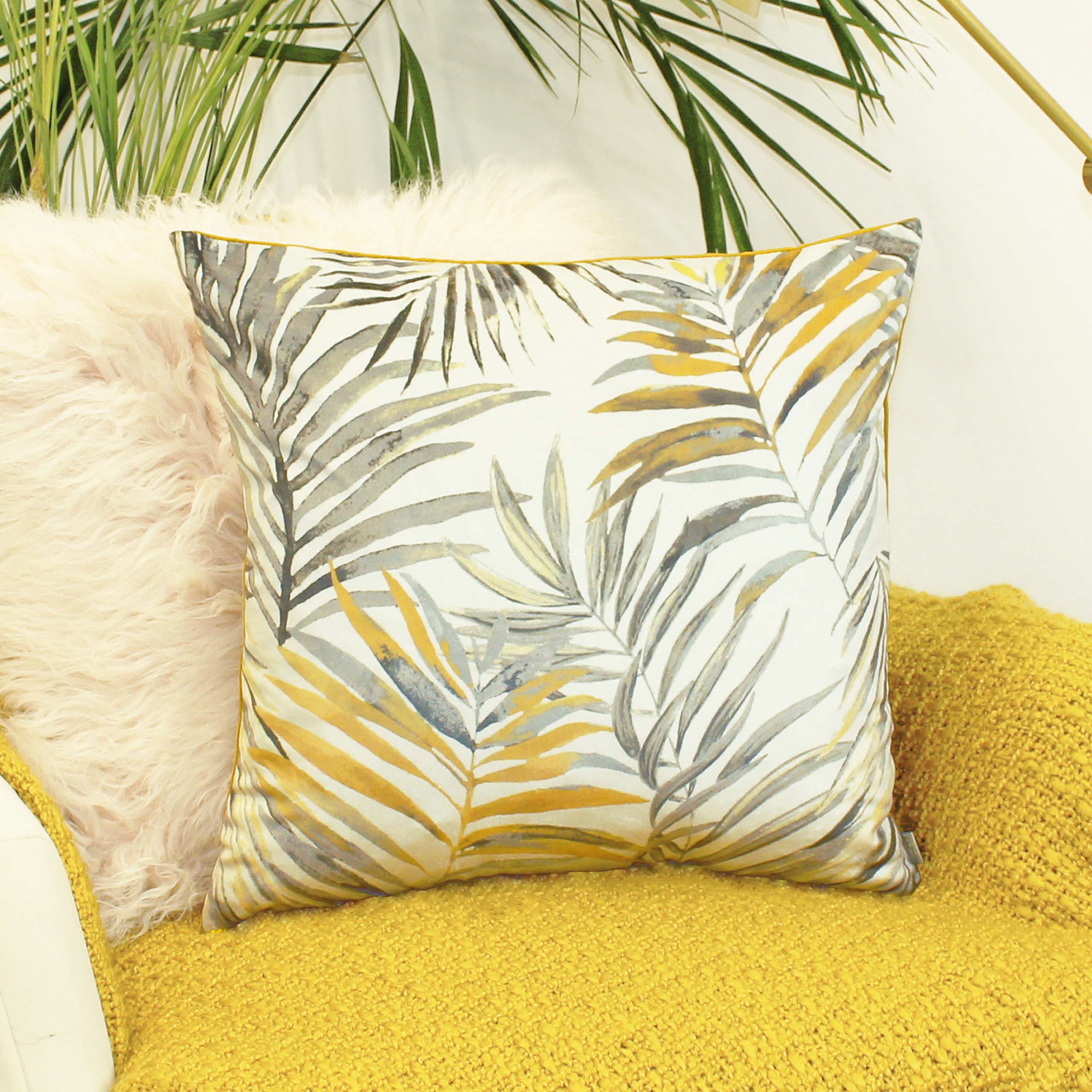 Evans Lichfield Palm Velvet Cushion Yellowgreenwhite