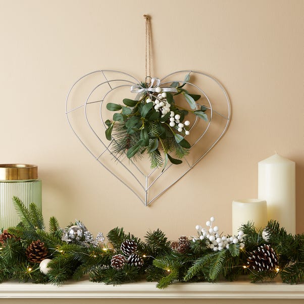 Artificial Silver Metal Heart Foliage Wreath image 1 of 6