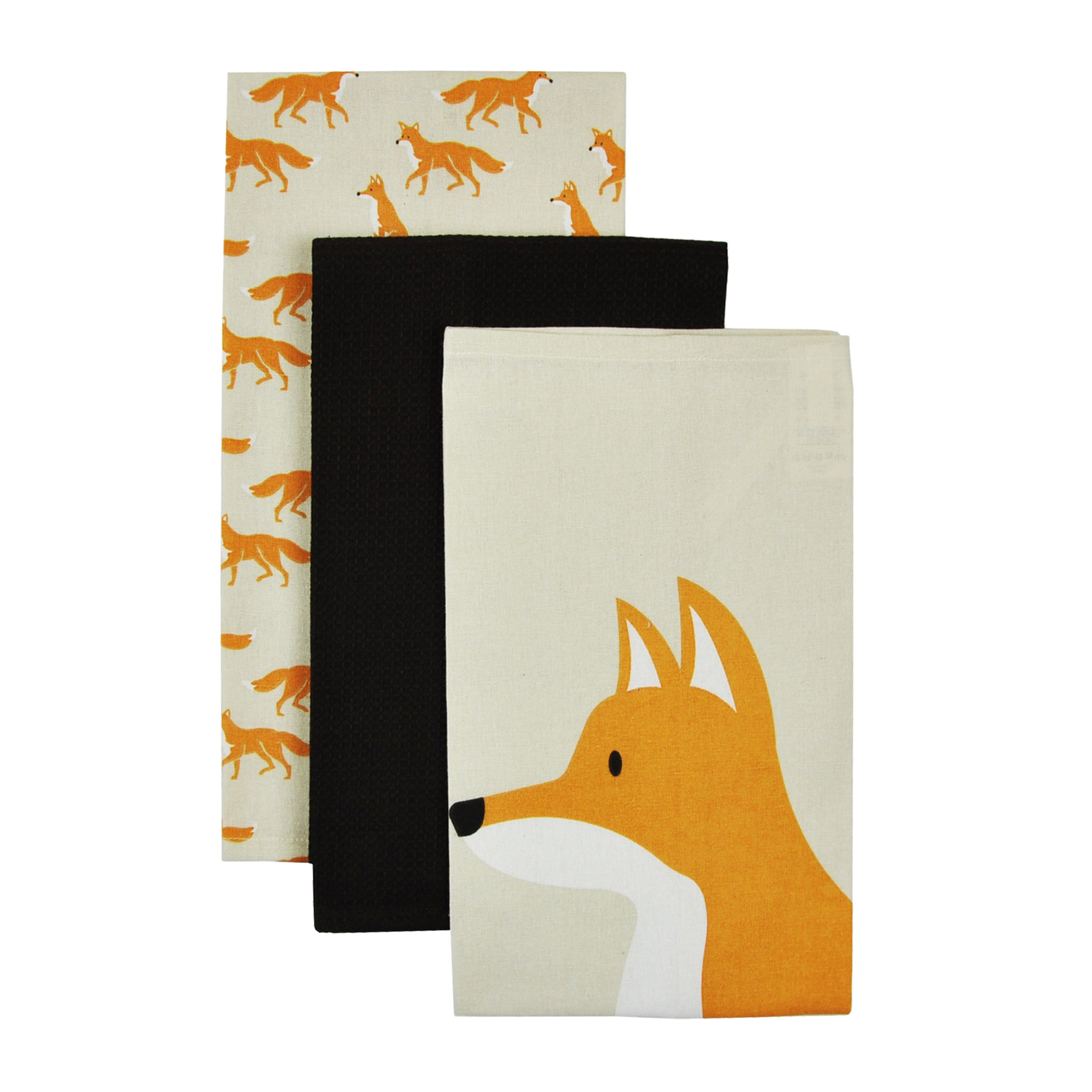 Set Of 3 Fergus Fox Tea Towels Orangewhiteblack