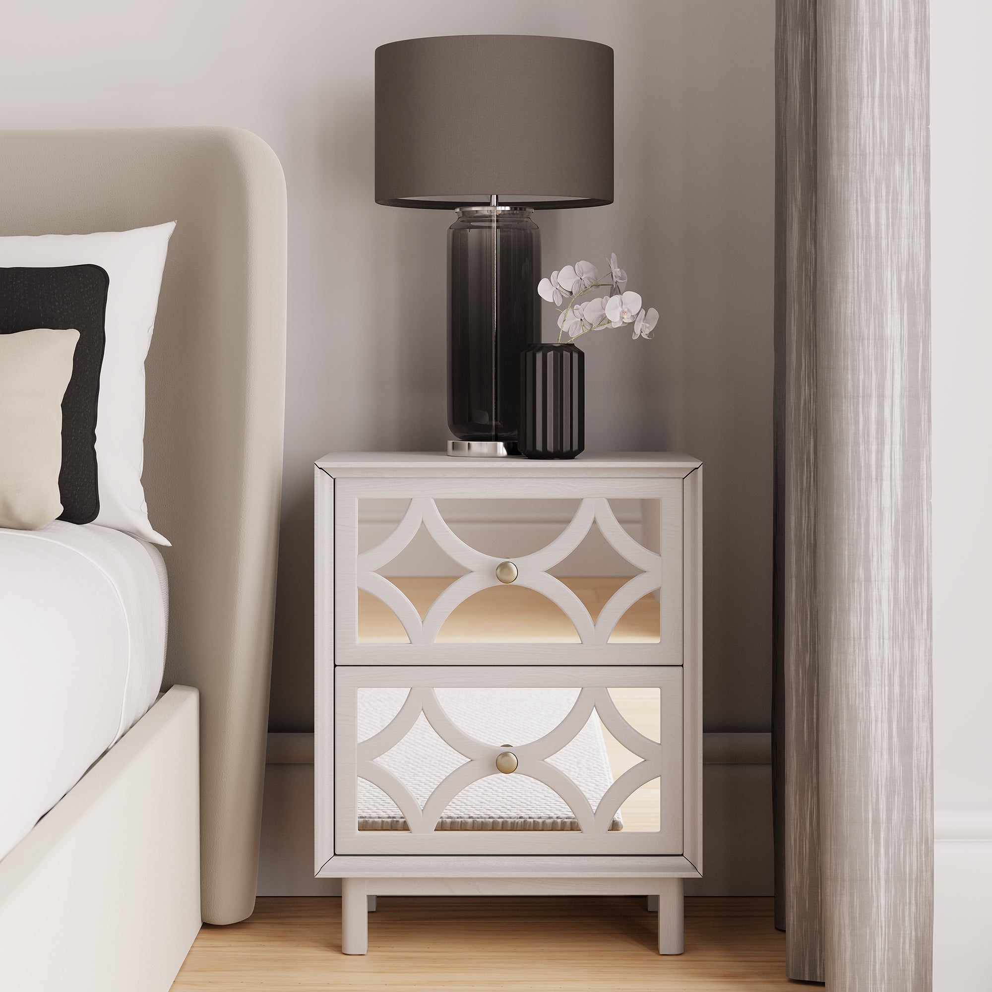 Delphi 2 Drawer Bedside Table, Mirrored Grey