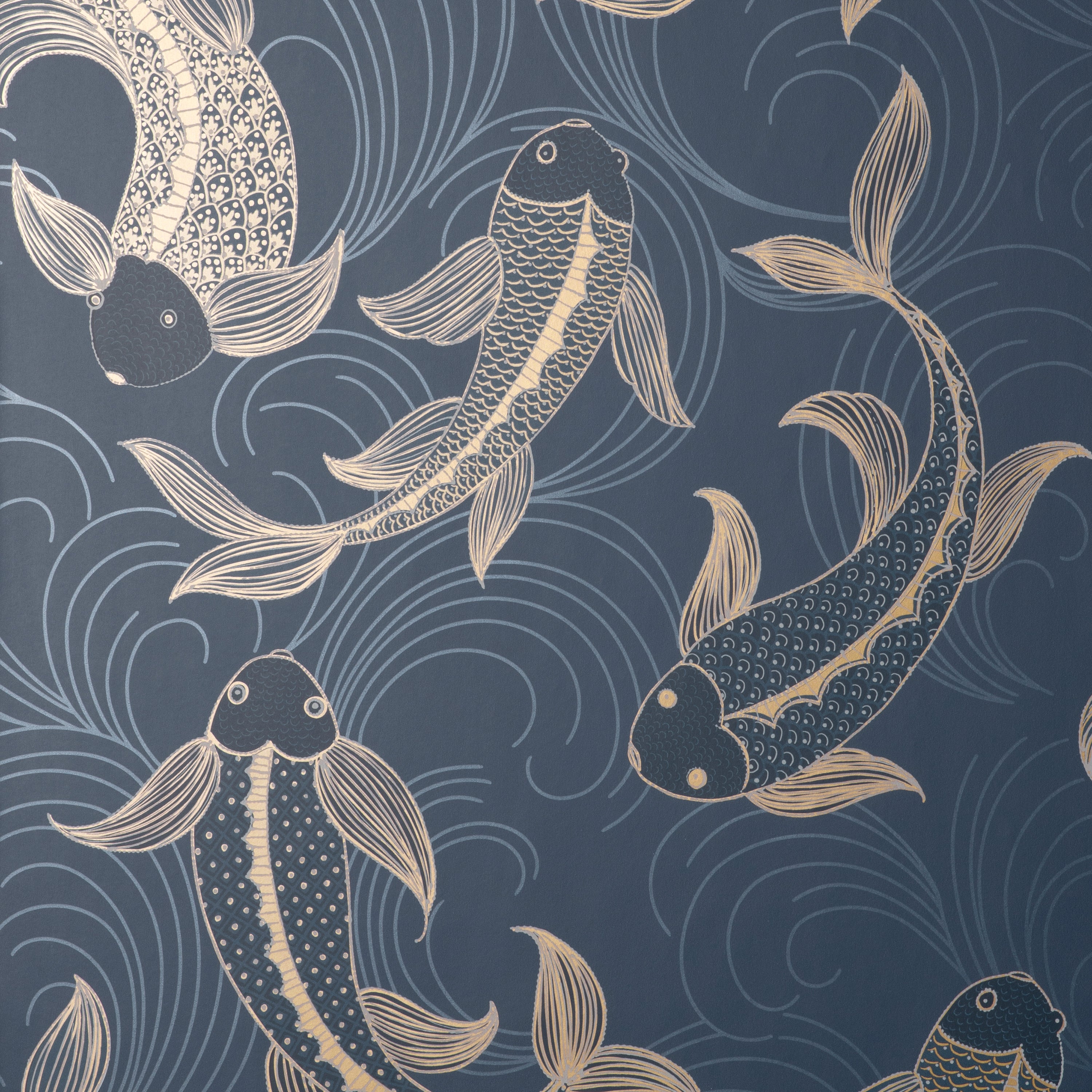 Decorative Fish Navy Wallpaper Navy Bluegold