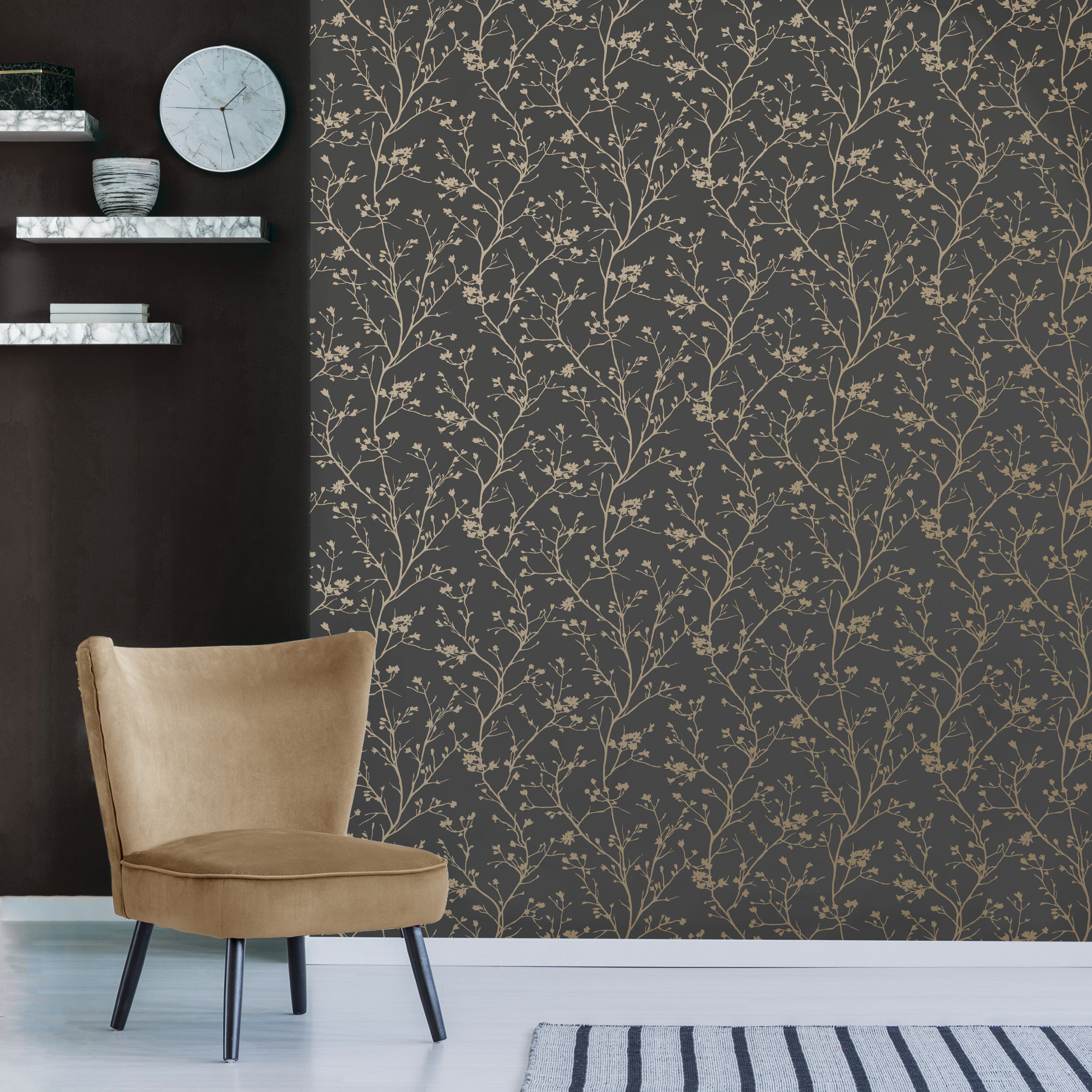 Sprigs Raven And Gold Wallpaper Grey