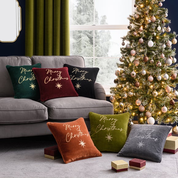 Embroidered Merry Christmas Velvet Cushion Dunelm