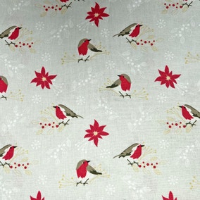 Christmas Robin Metallic Fabric 2m
