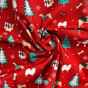 Dogs and Trees Christmas Red Cotton Printed 2m Fabric