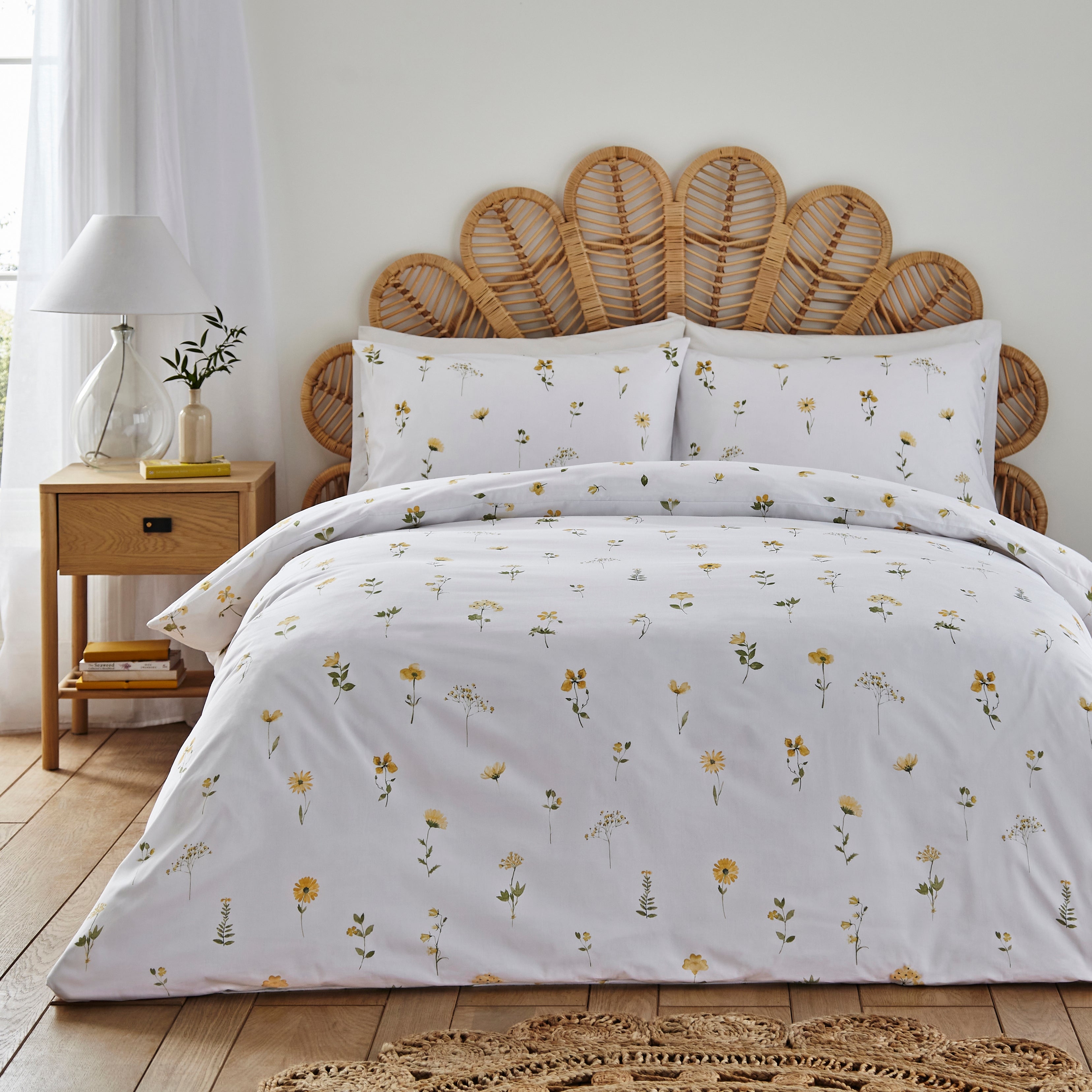 Pressed Floral Yellow 100 Cotton Duvet Cover And Pillowcase Set Yellow