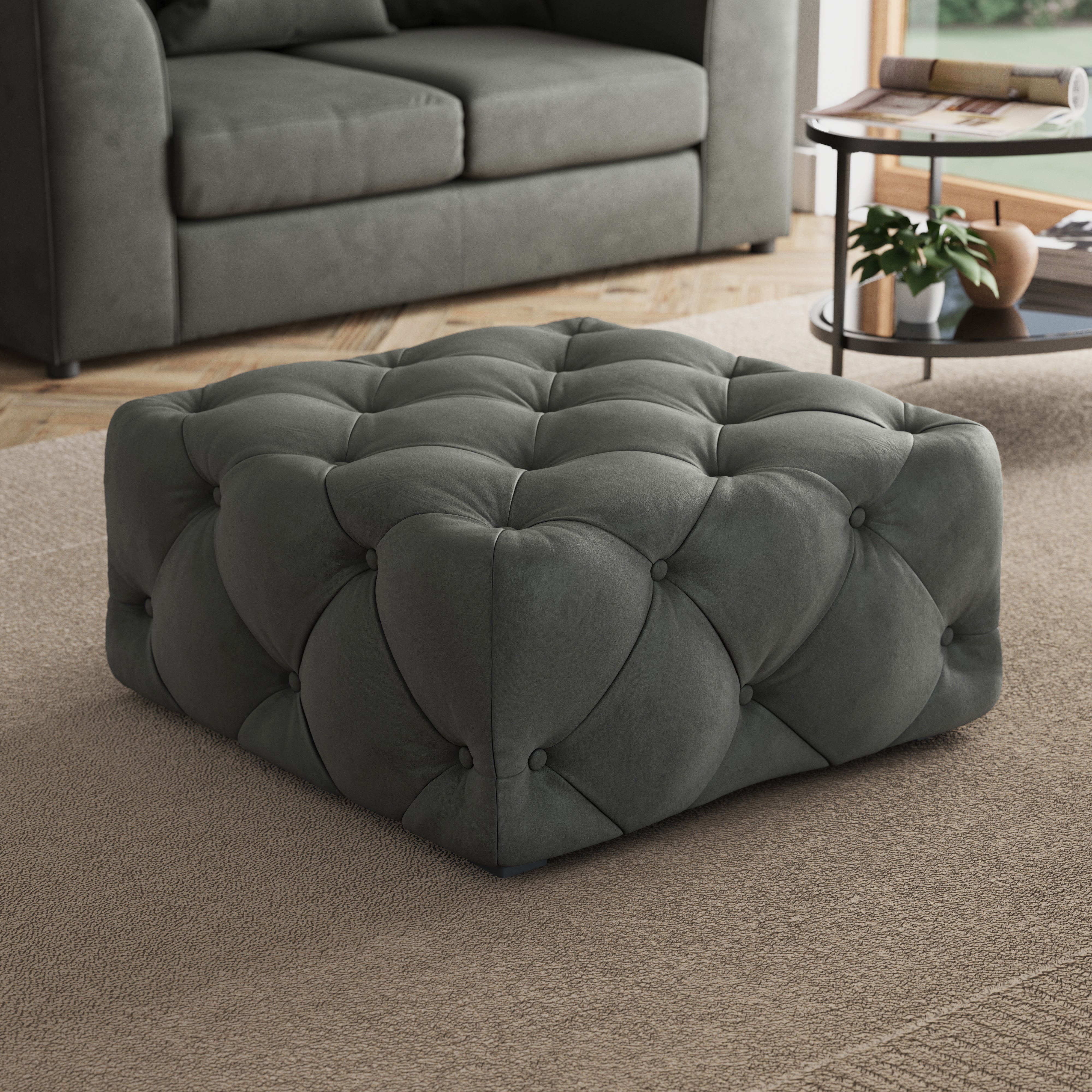 Buttoned Velvet Footstool Grey