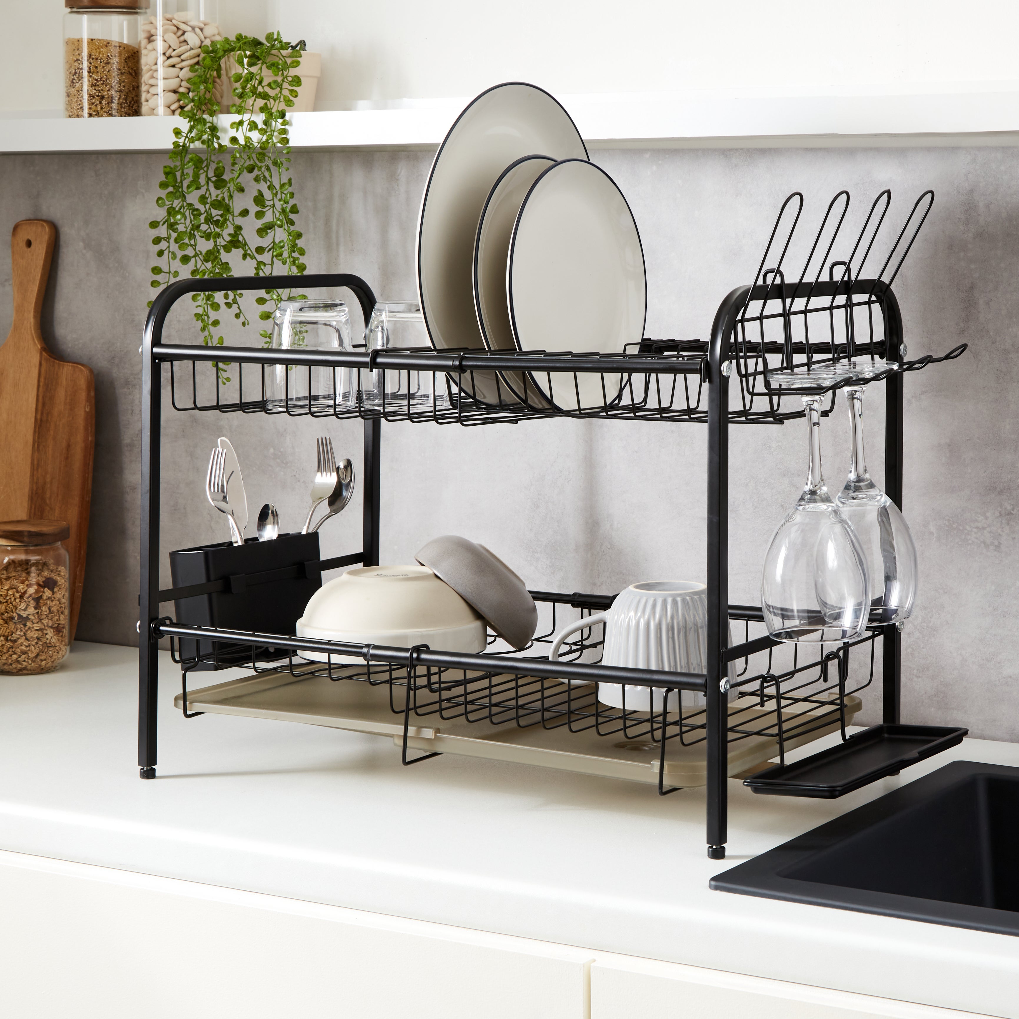 2 Tier Dish Racks with Water Tray - Black