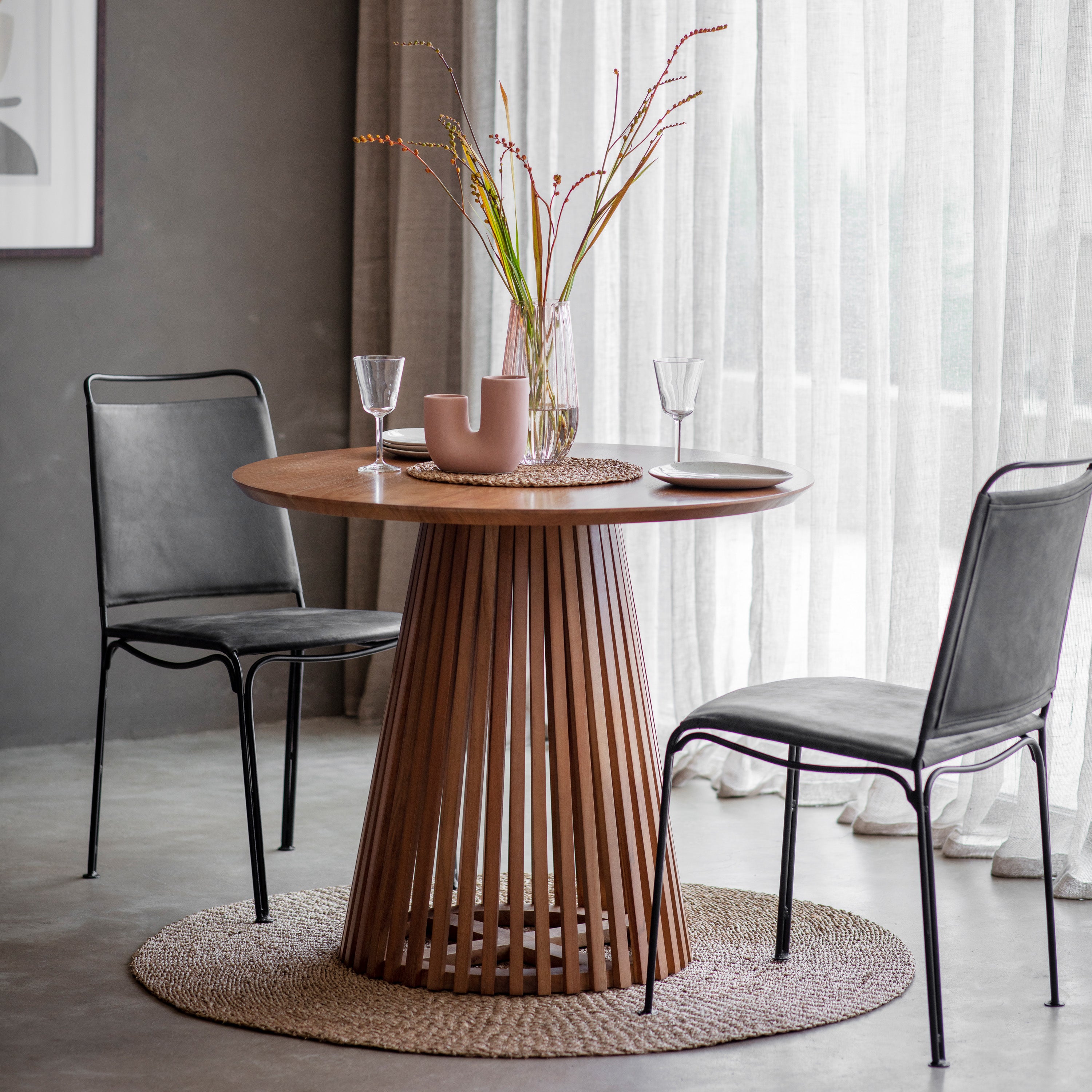 Dawson 4 Seater Round Slatted Dining Table Acacia Wood Brown