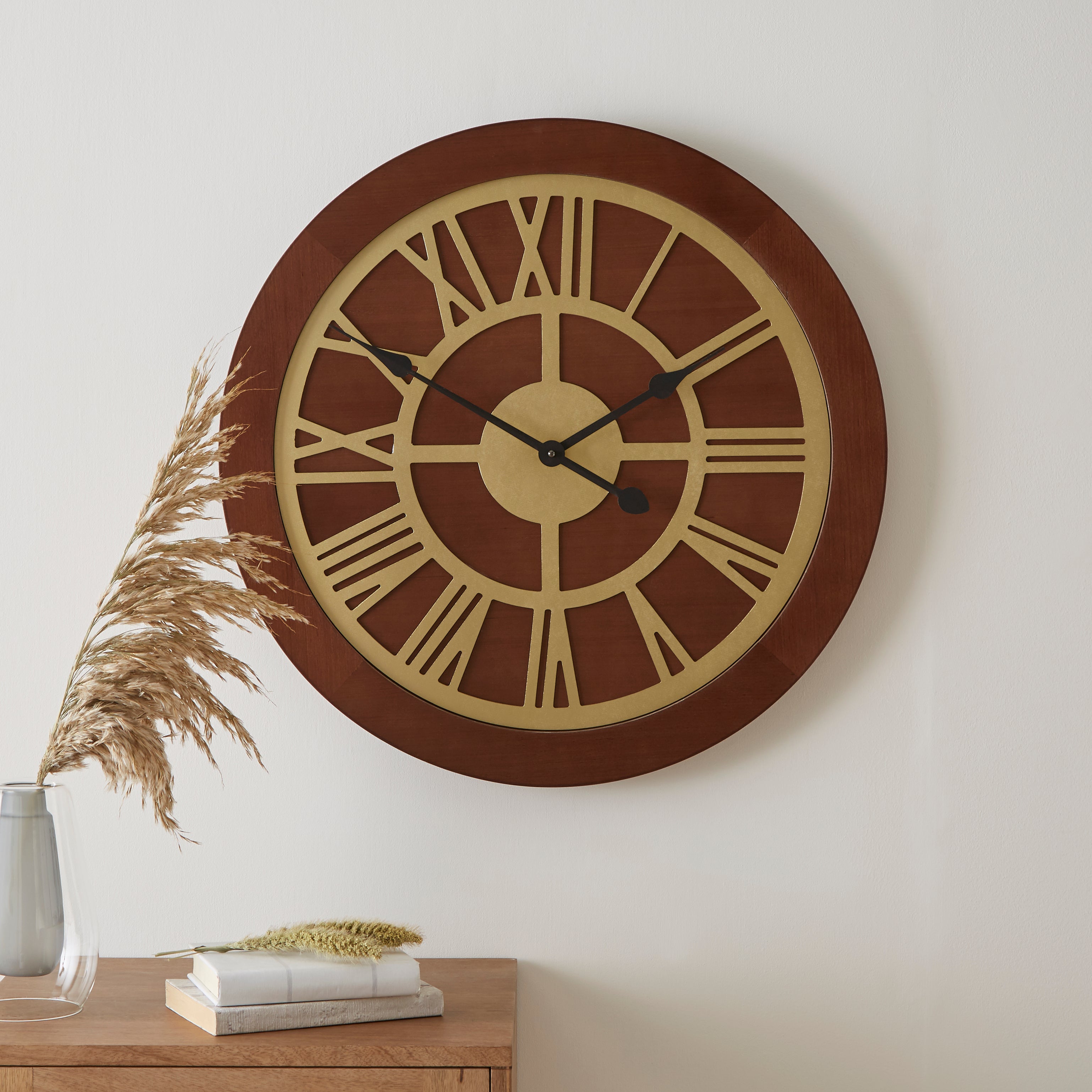 Walnut and Gold Wooden Wall Clock