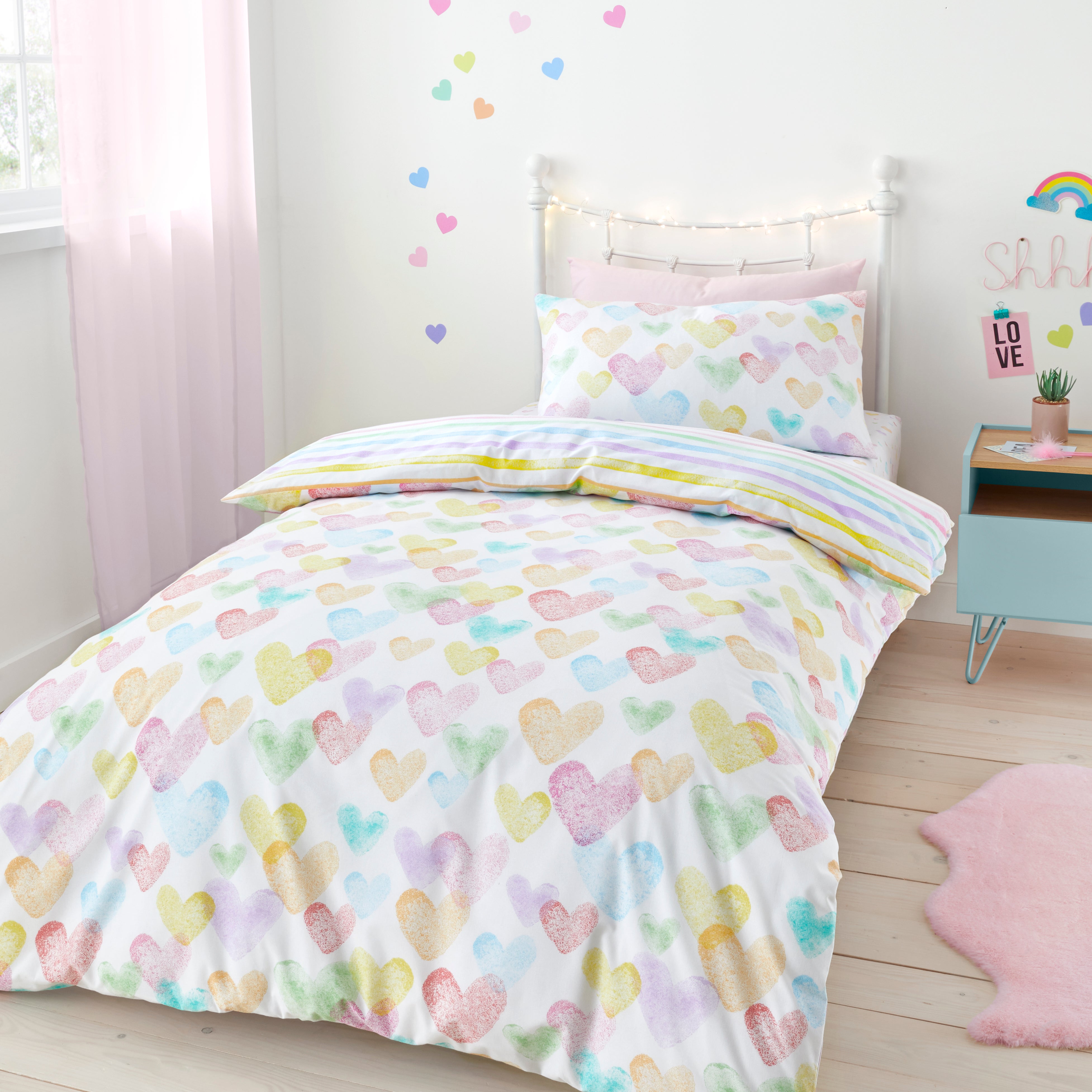Rainbow Hearts Duvet Cover And Pillowcase Set Whitepink