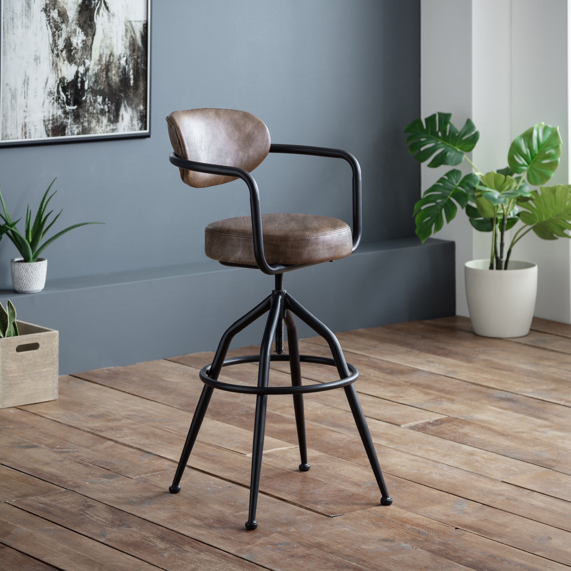 Barbican Adjustable Height Bar Stool, Brown Faux Leather