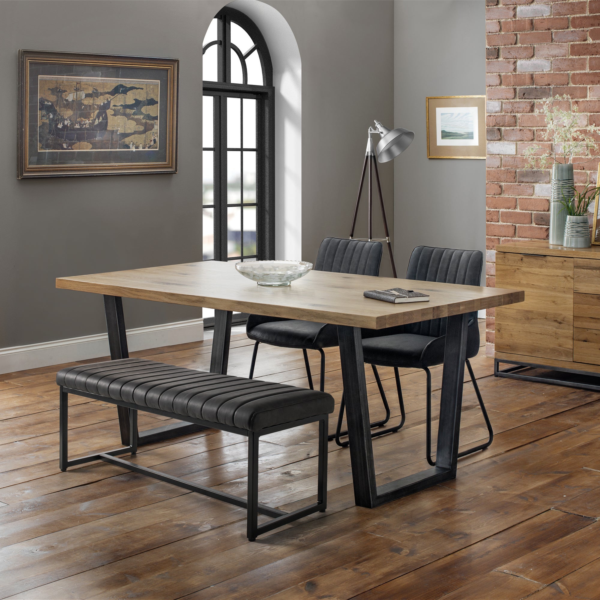 Brooklyn Rectangular Dining Table with 2 Soho Chairs and Bench, Solid Oak Brown