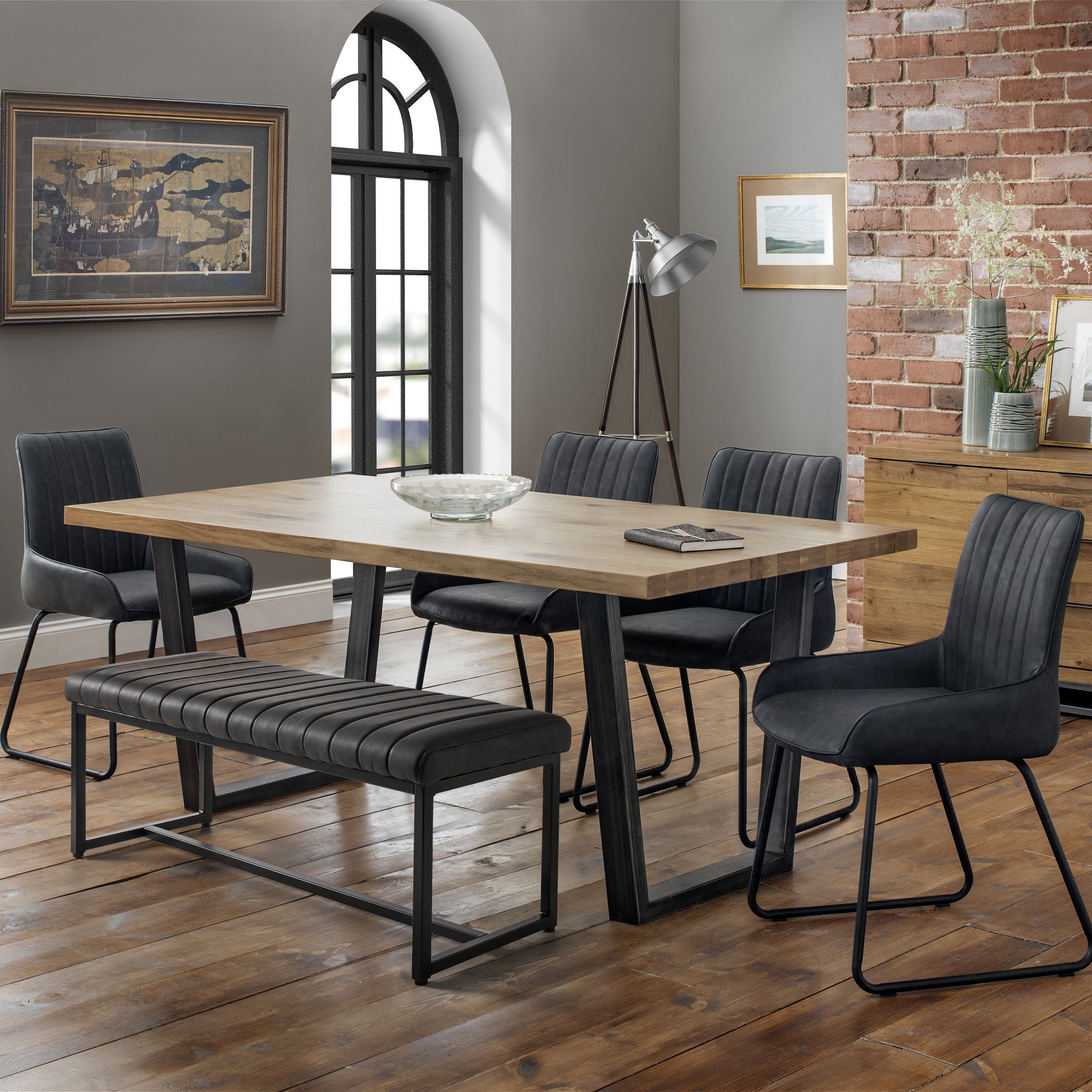 Brooklyn Rectangular Dining Table with 4 Soho Chairs and Bench, Solid Oak
