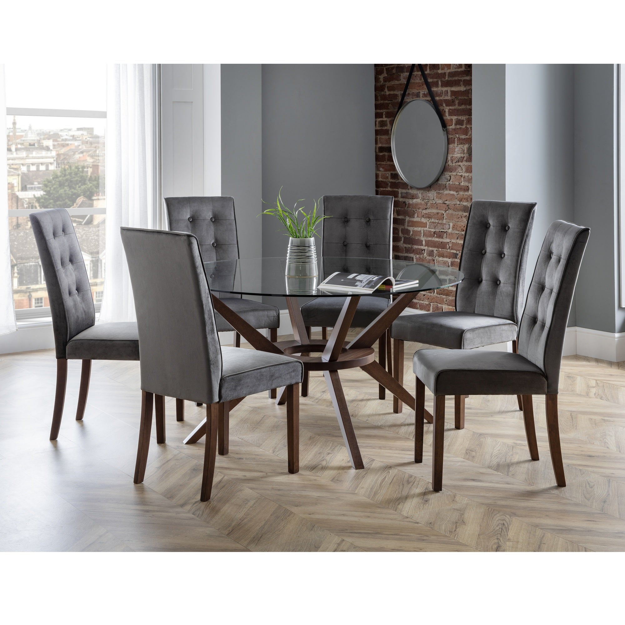 Chelsea Round Large Dining Table with 6 Madrid Chairs, Brown Glass Brown