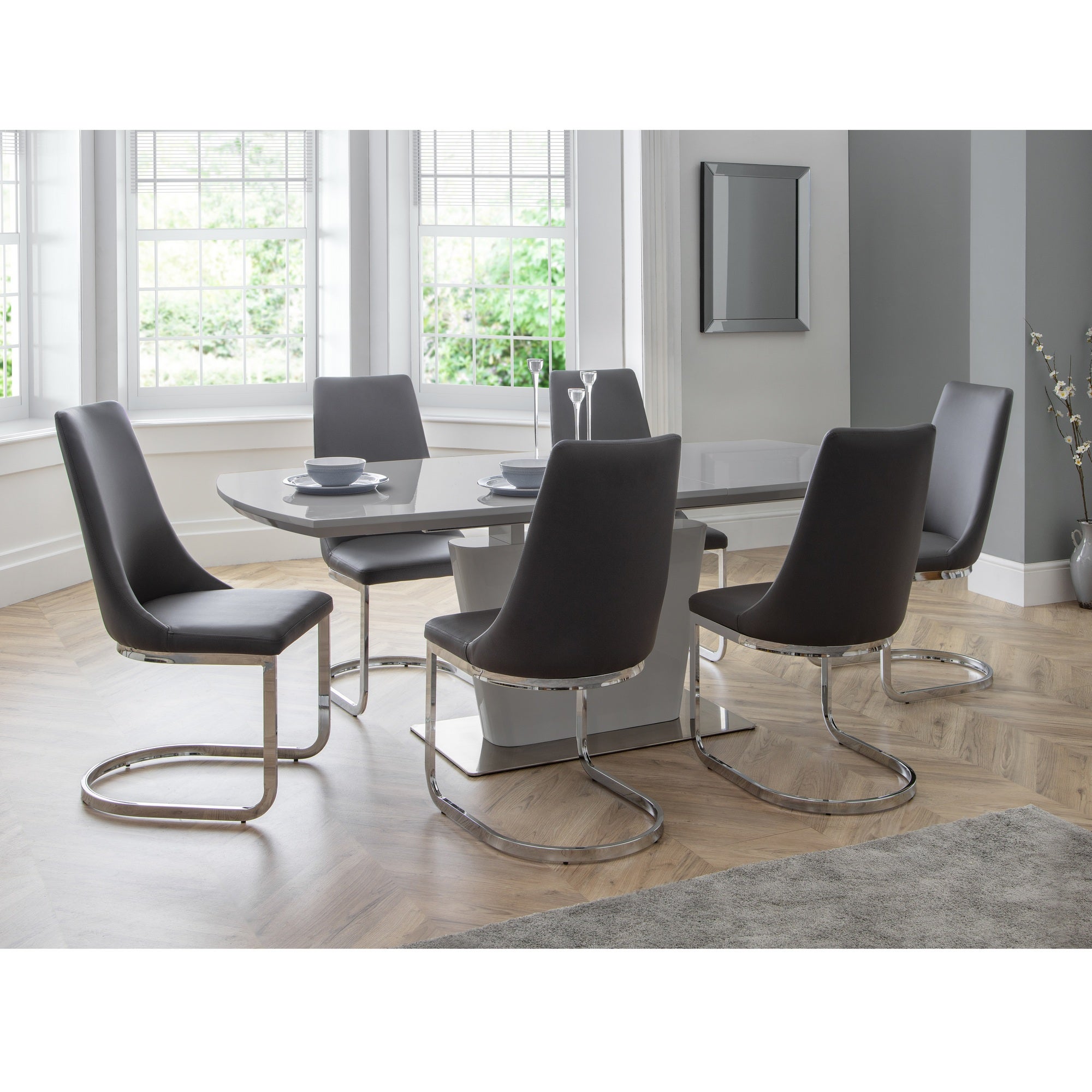 Como Rectangular Extendable Dining Table With 6 Chairs Grey High Gloss Grey