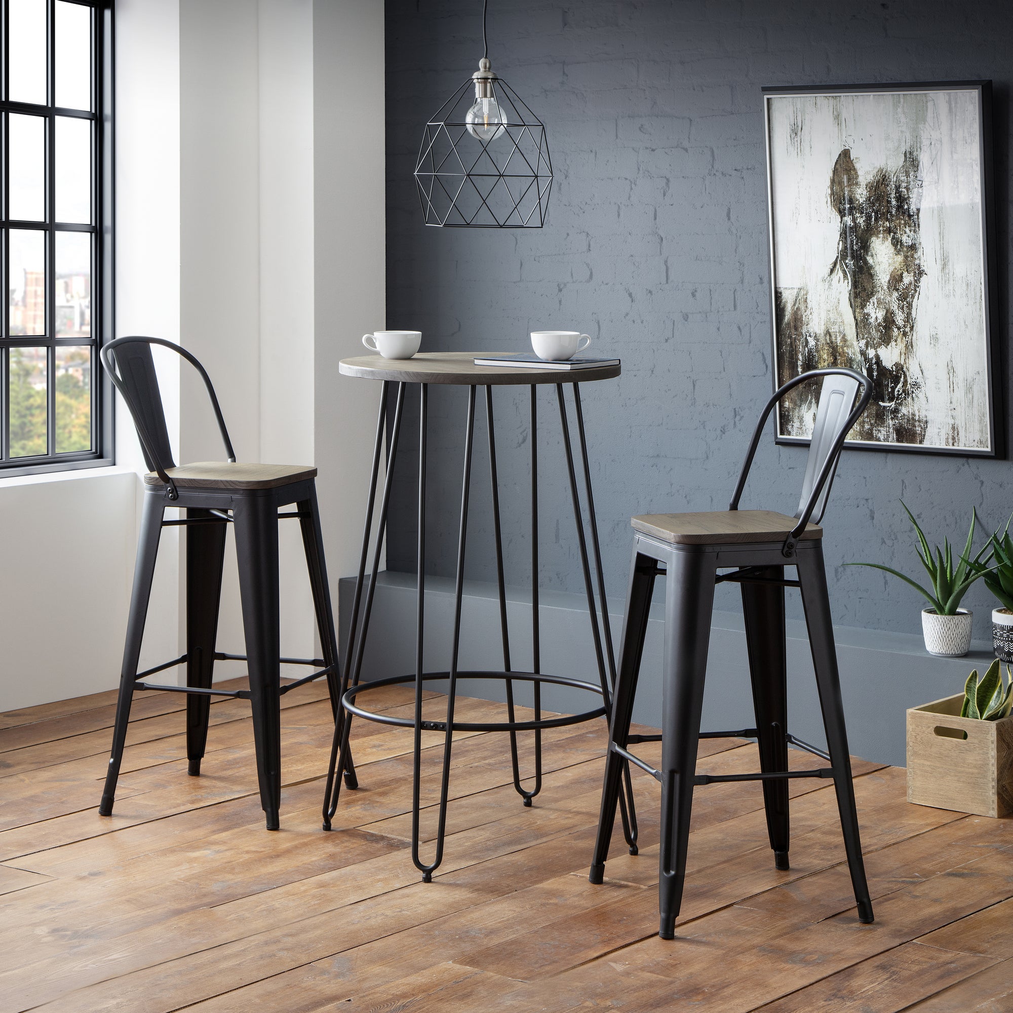 Dalston Round Bar Table With 2 Grafton Stools Brown Brownblack