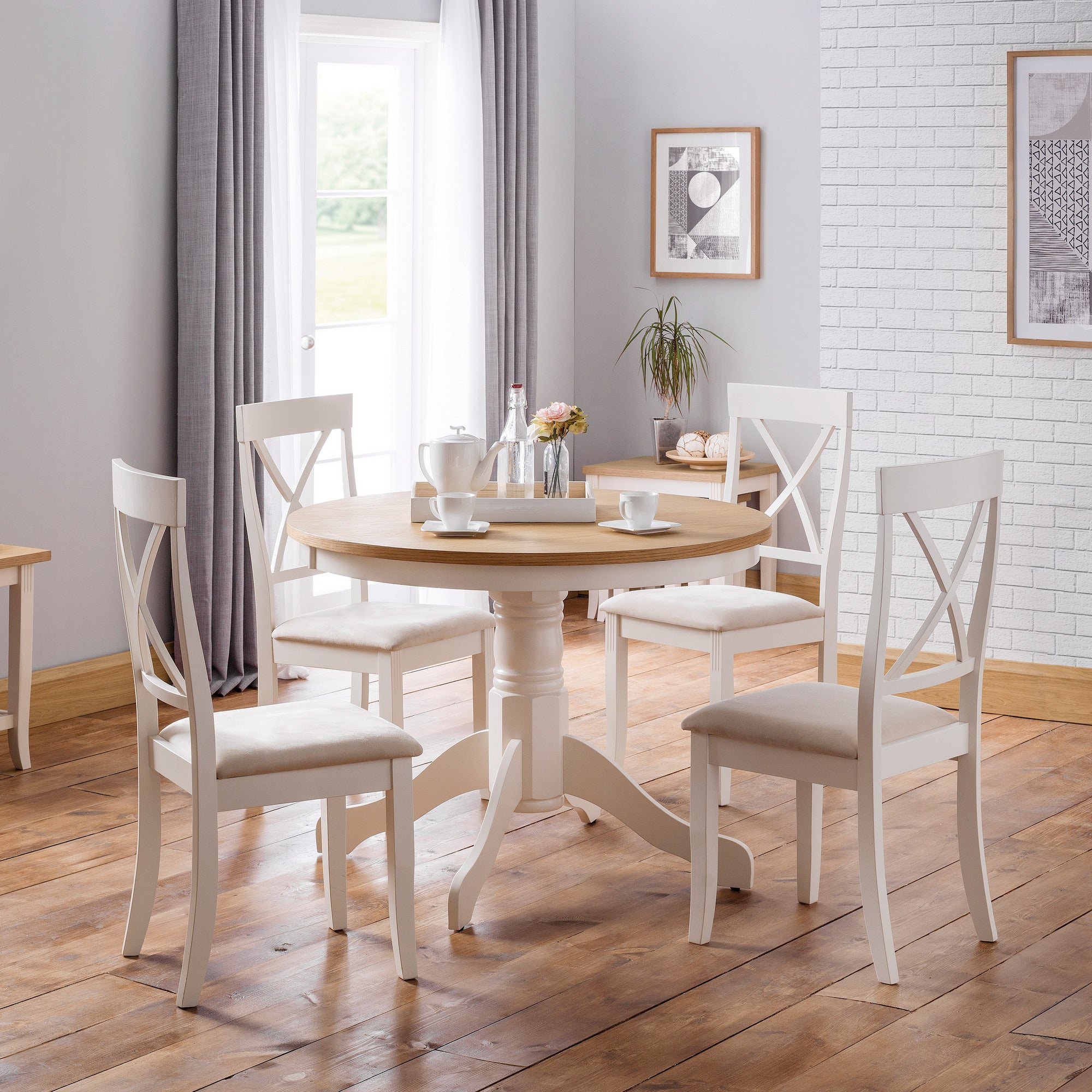 Davenport Round Pedestal Dining Table With 4 Chairs Off White Beige