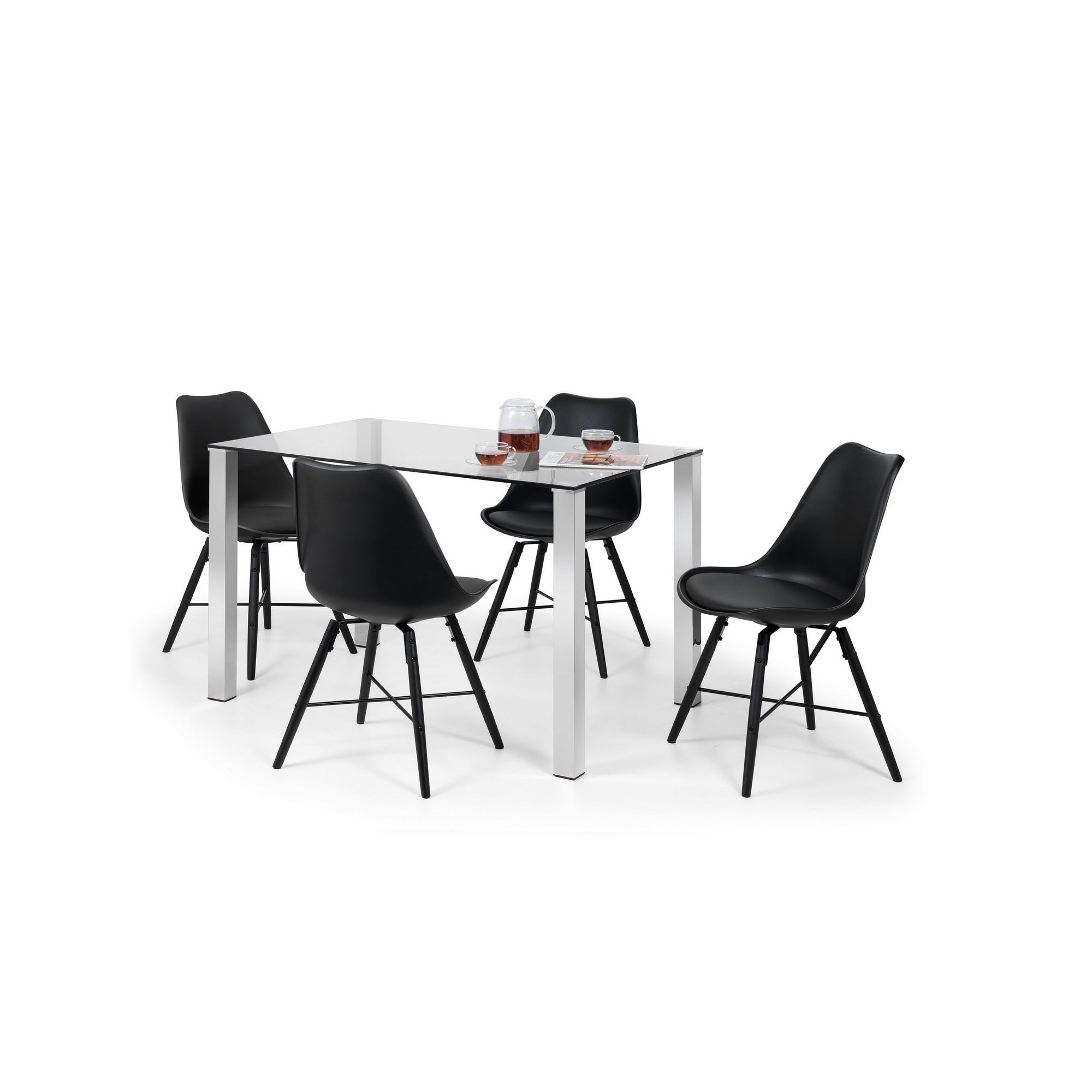 Enzo Rectangular Glass Top Dining Table With 4 Kari Chairs Chrome Black
