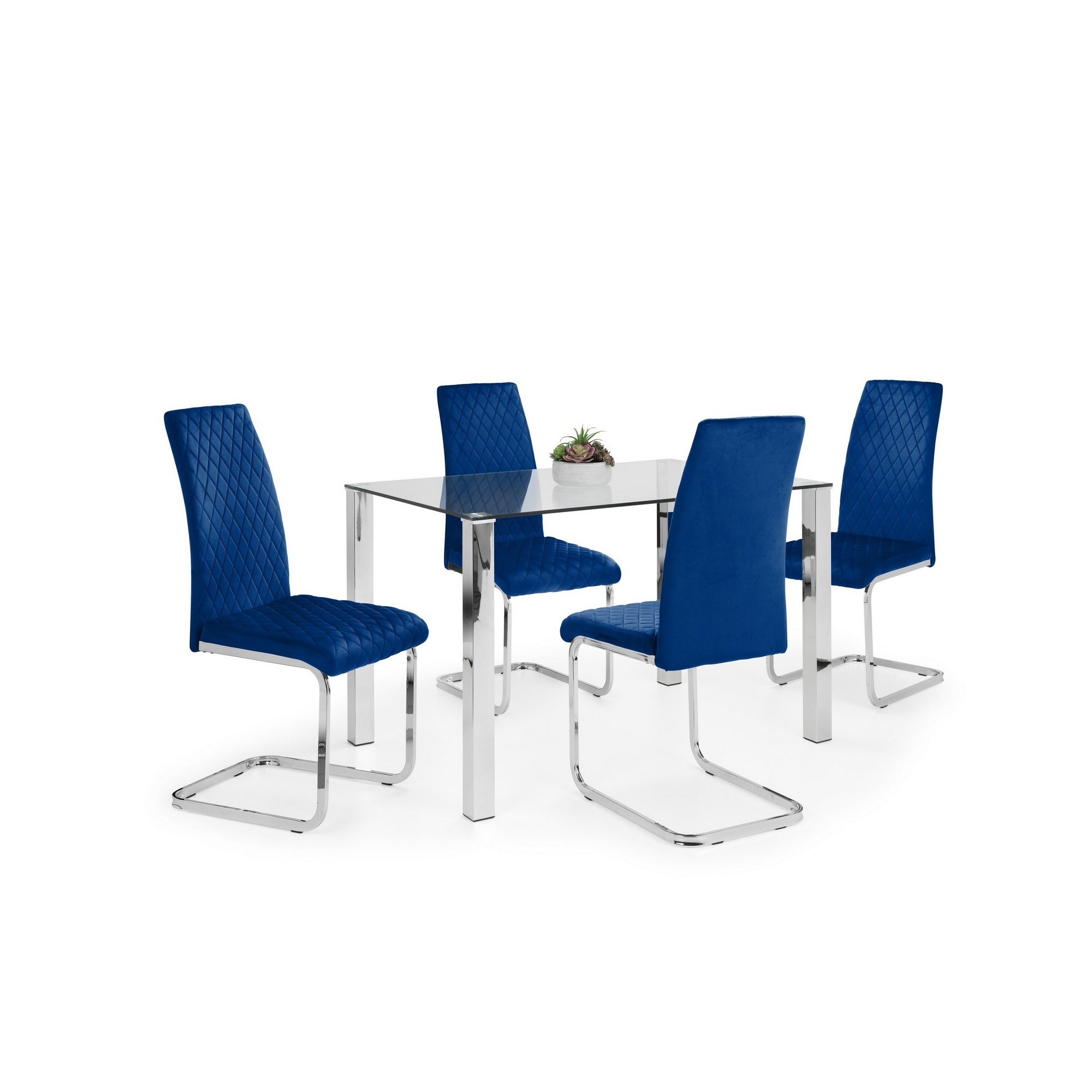 Enzo Rectangular Glass Top Dining Table With 4 Calabria Chairs Blue
