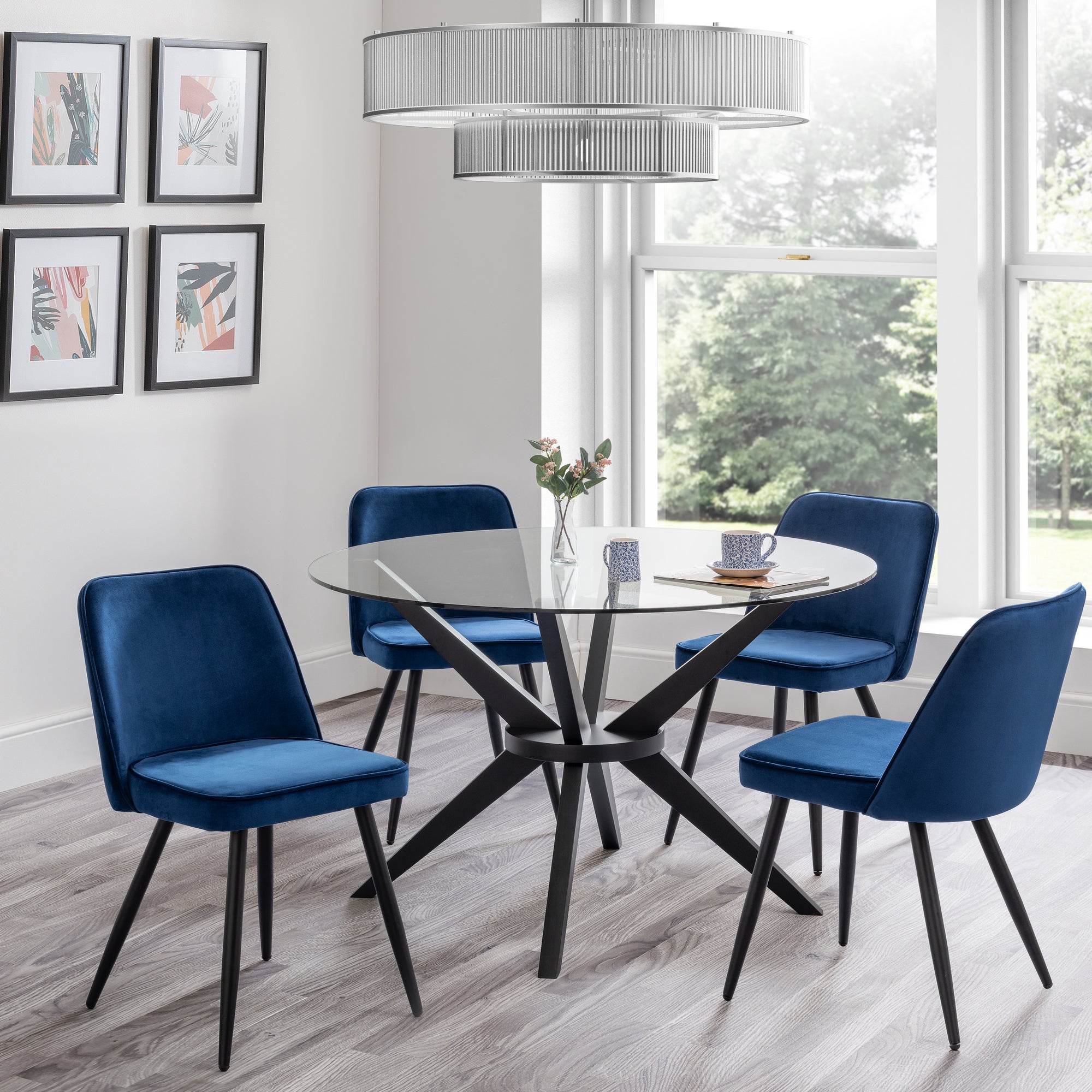 Hayden Round Glass Top Dining Table With 4 Burgess Chairs Blue