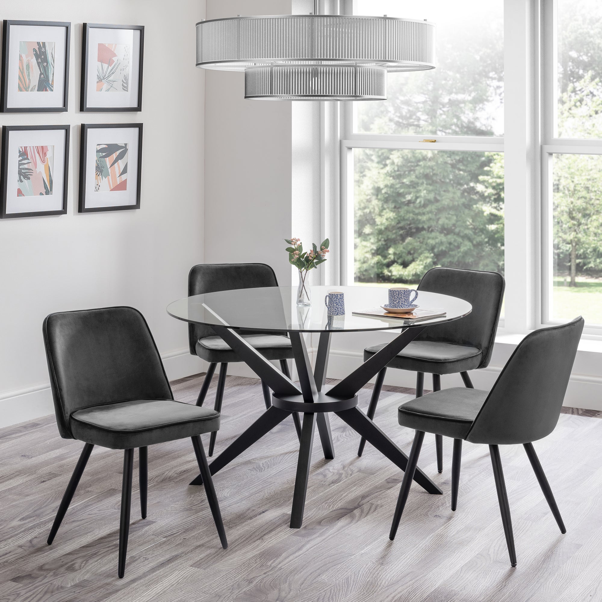 Hayden Round Glass Top Dining Table With 4 Burgess Chairs Clearblack