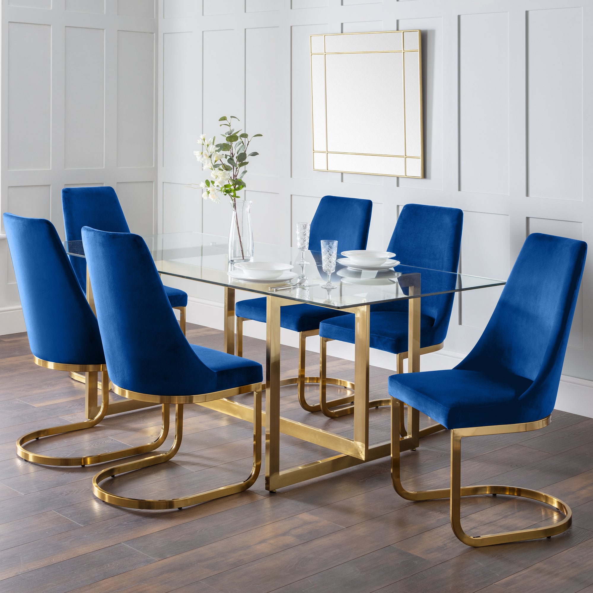 Minori 6 Seater Rectangular Glass Top Dining Table Gold Blue