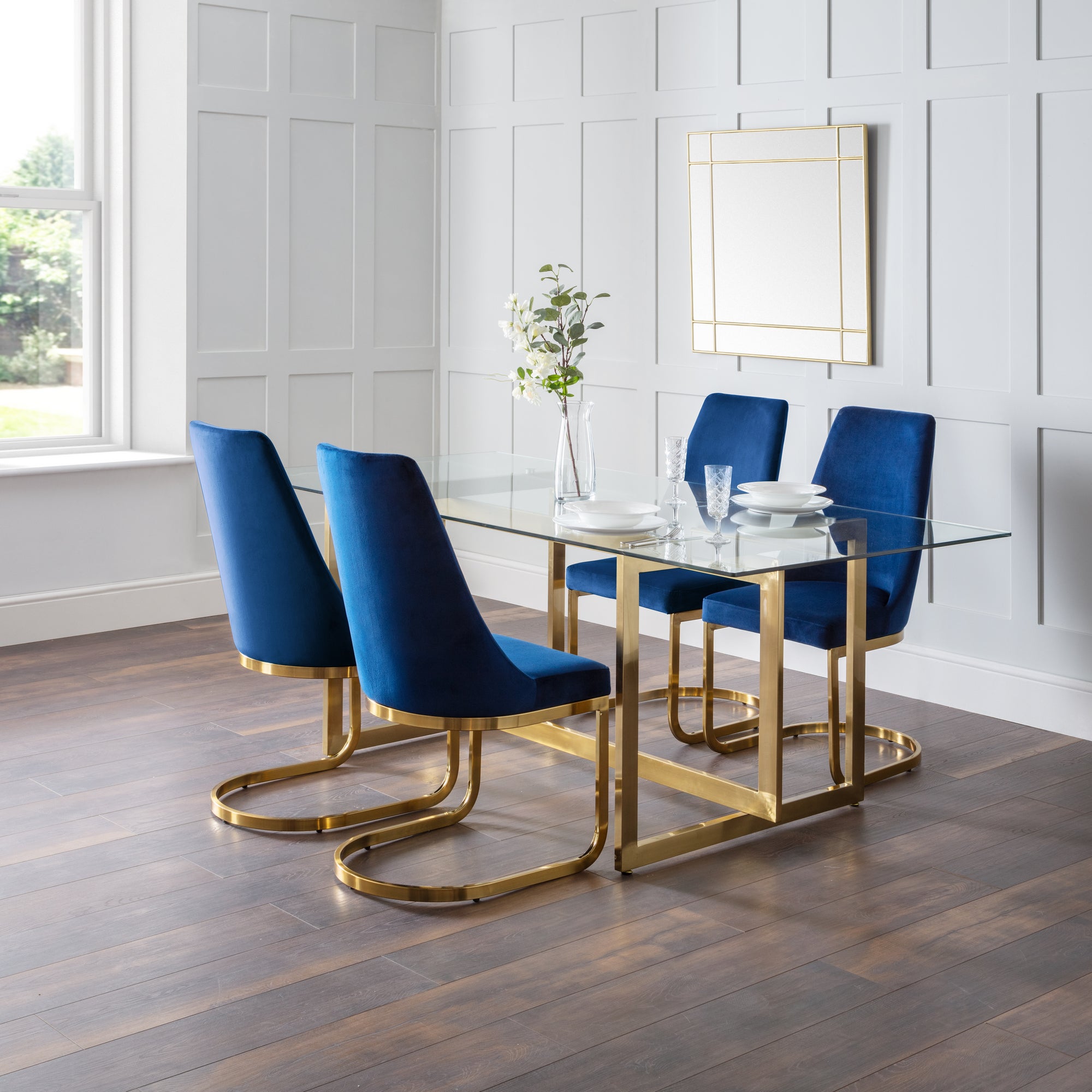 Minori Rectangular Glass Top Dining Table With 4 Vittoria Chairs Blue