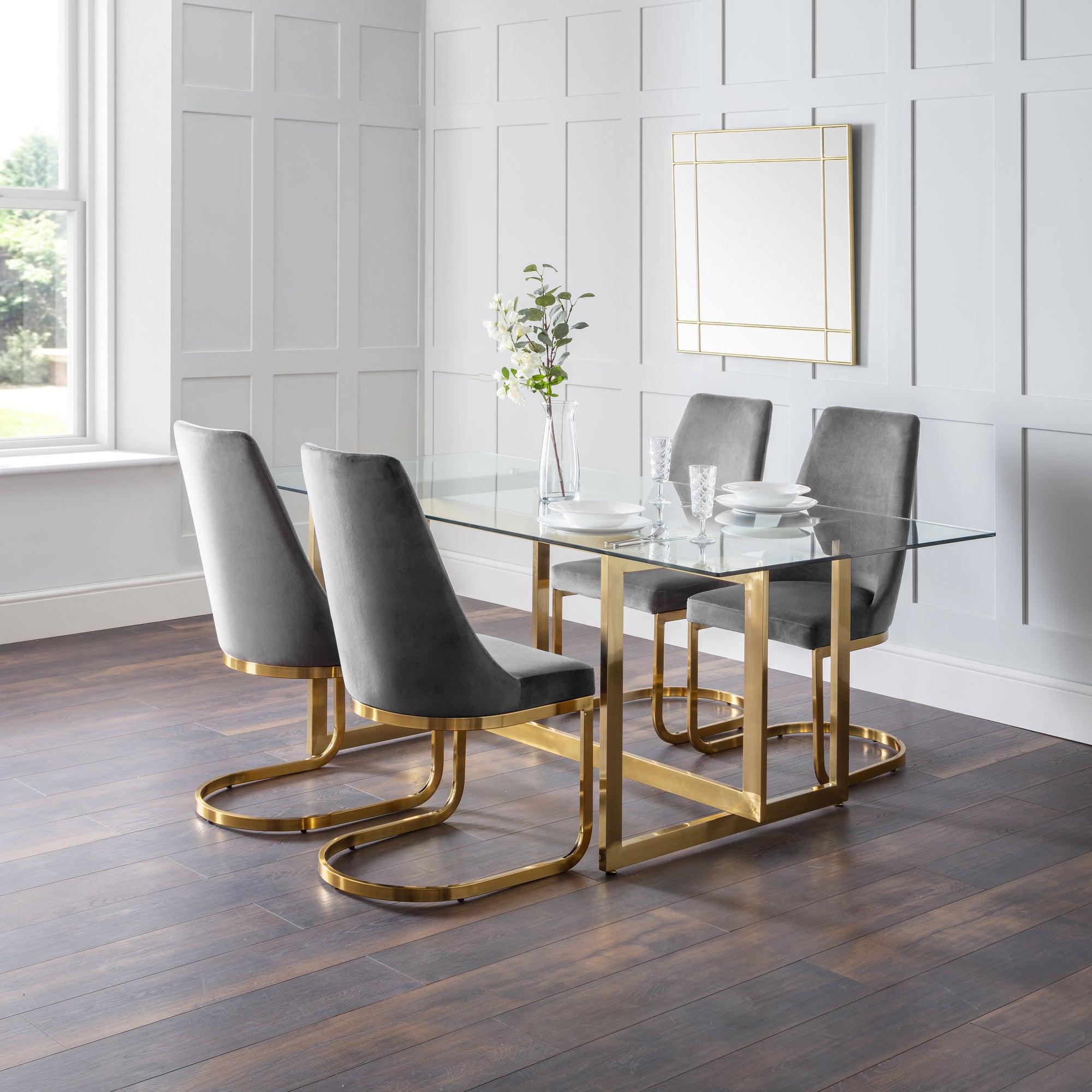 Minori Rectangular Glass Top Dining Table With 4 Vittoria Chairs Grey