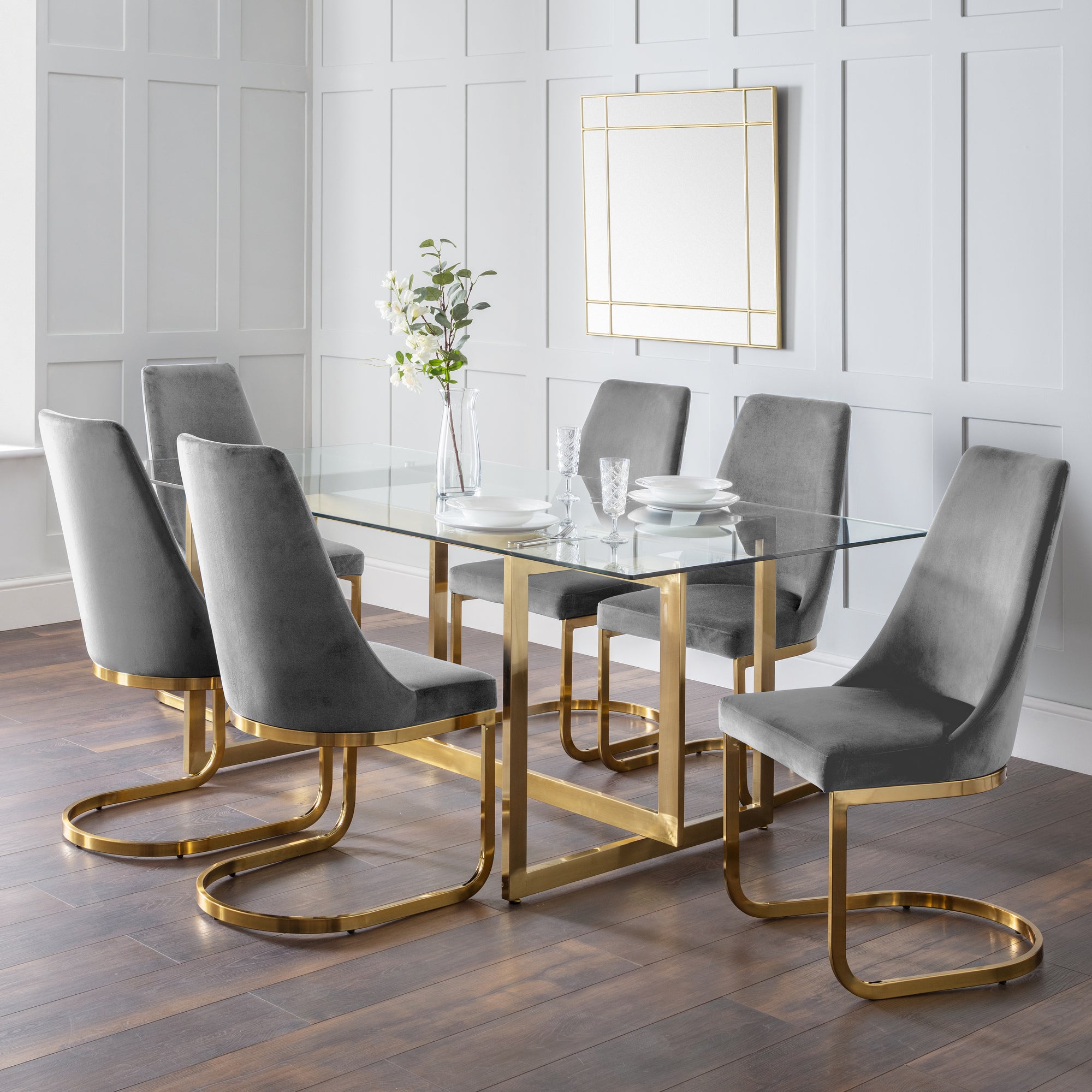 Minori Rectangular Dining Table with 6 Vittoria Chairs, Glass Grey