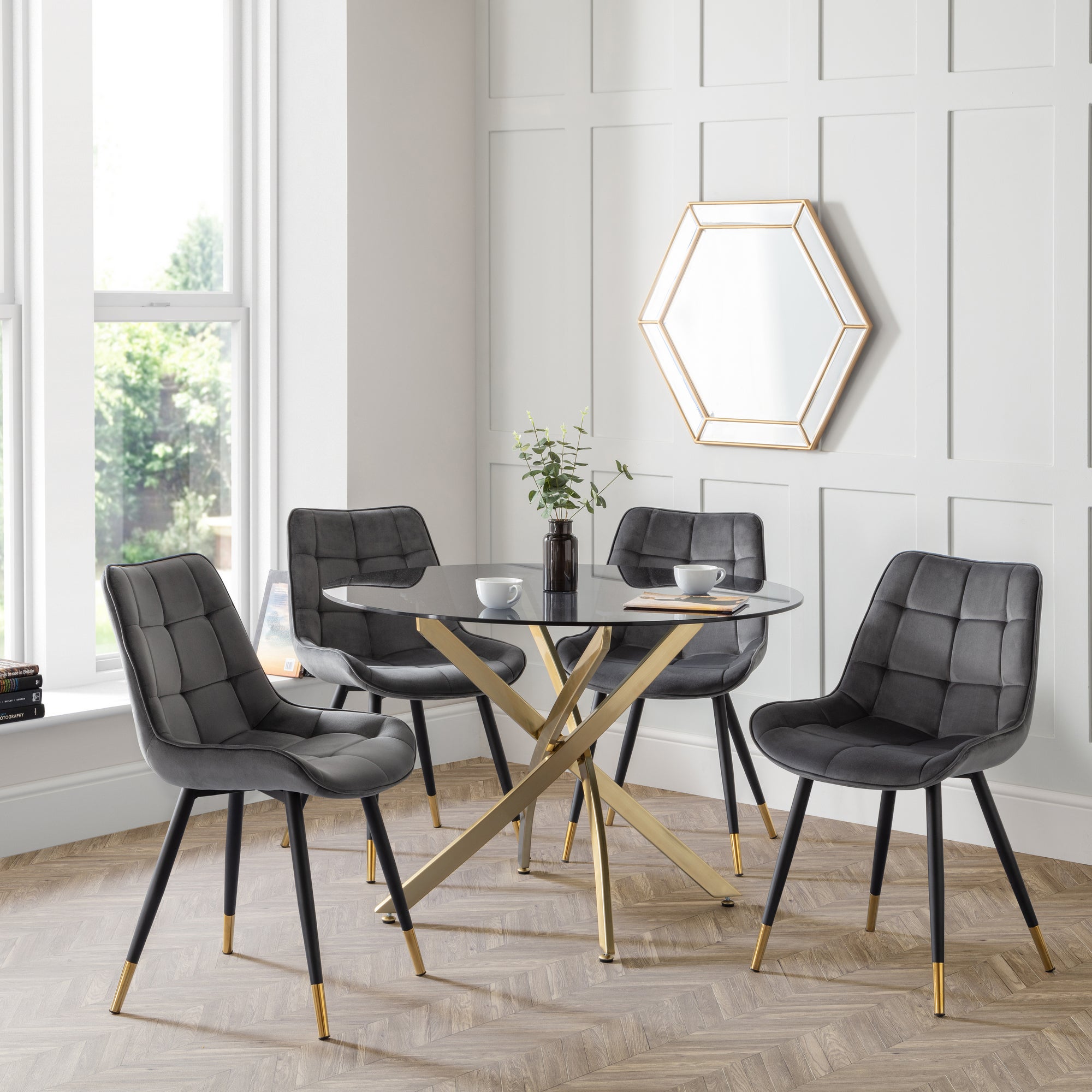 Montero Round Glass Top Dining Table With 4 Hadid Chairs Greycleargold
