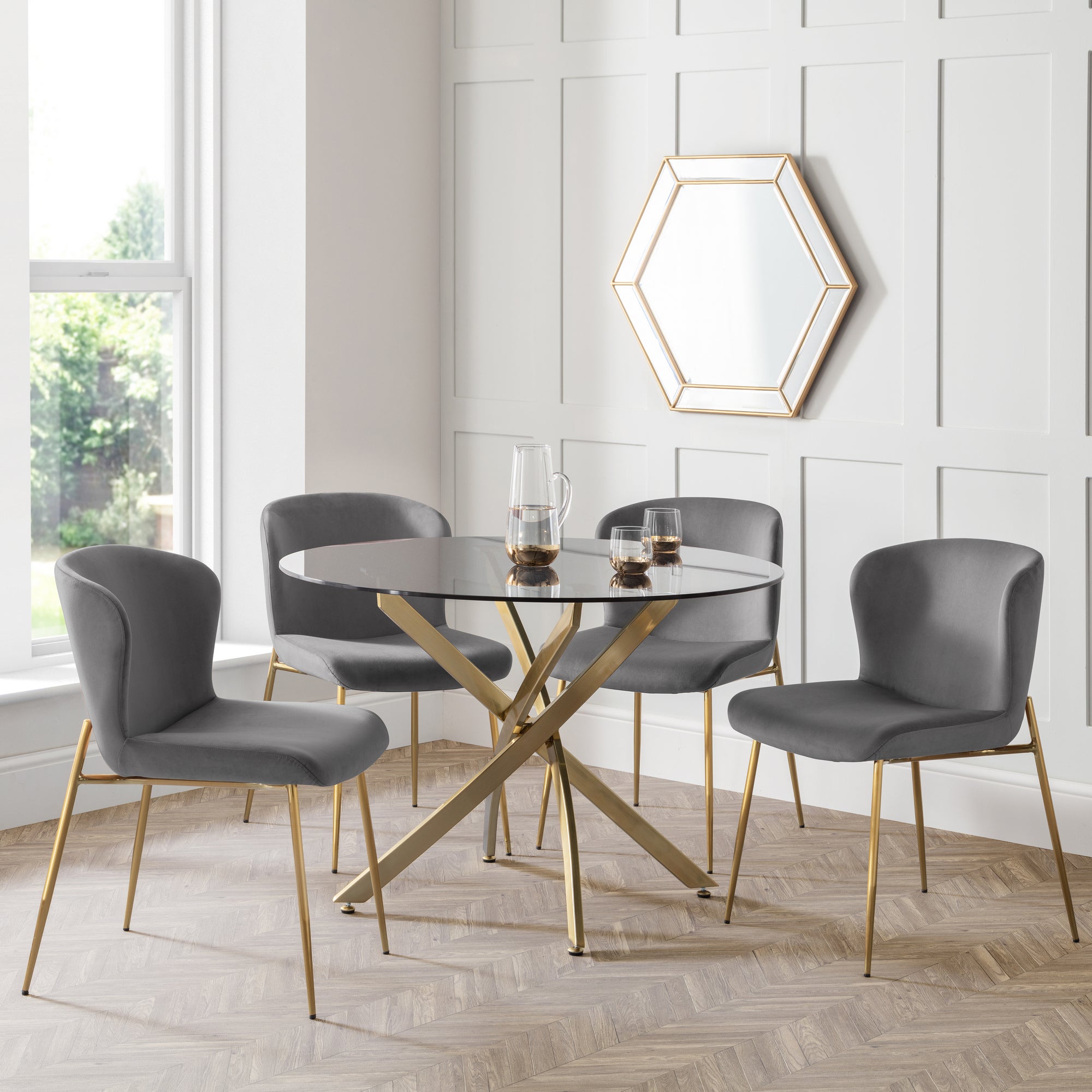 Montero Round Glass Dining Set With 4 Harper Chairs | Dunelm