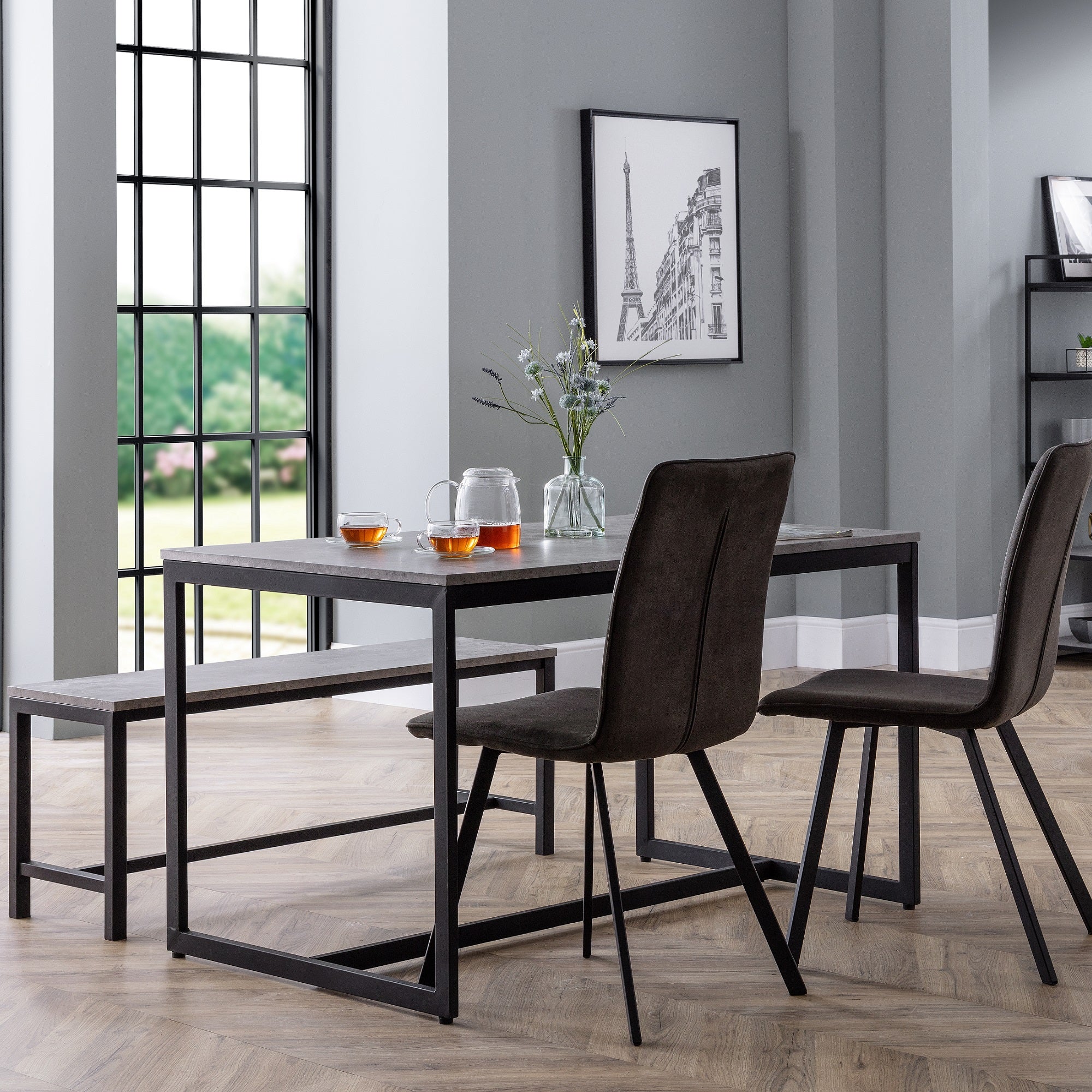 Staten Rectangular Dining Table with 2 Monroe Chairs and Bench, Grey