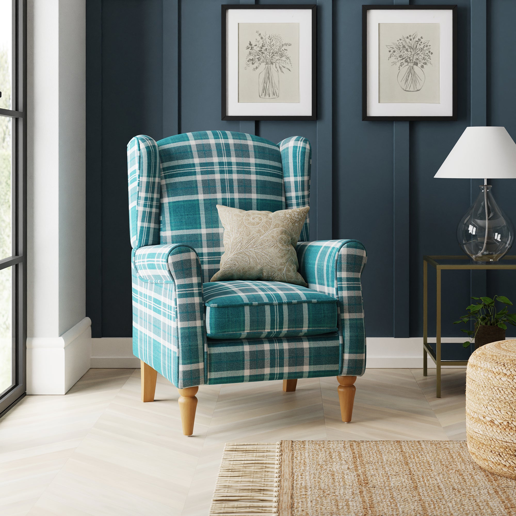 Oswald Check Wingback Armchair Teal Green